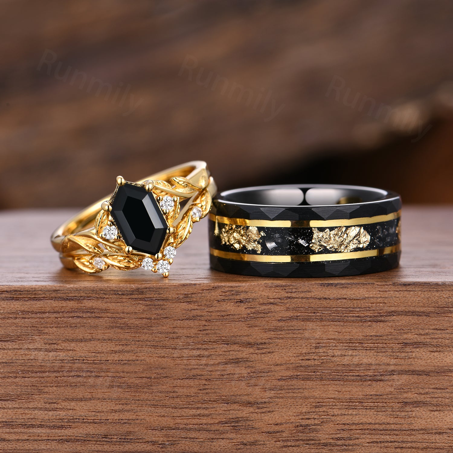 Black Onyx & Meteorite Gold Leaf Couples Ring- His and Hers Wedding Band- Yellow Gold Ring Set- Nature Couples Unique Vintage Promise Ring