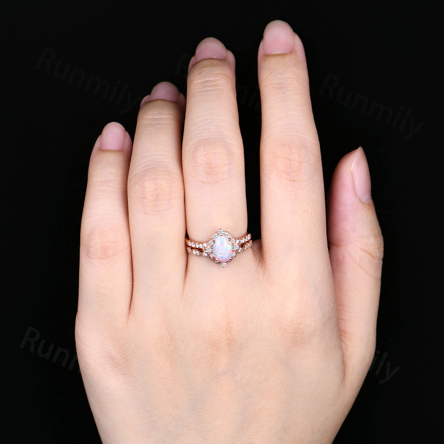 Oval shaped Opal engagement ring set rose gold opal ring vintage moissanite wedding ring October birthstone ring unique bridal wedding set