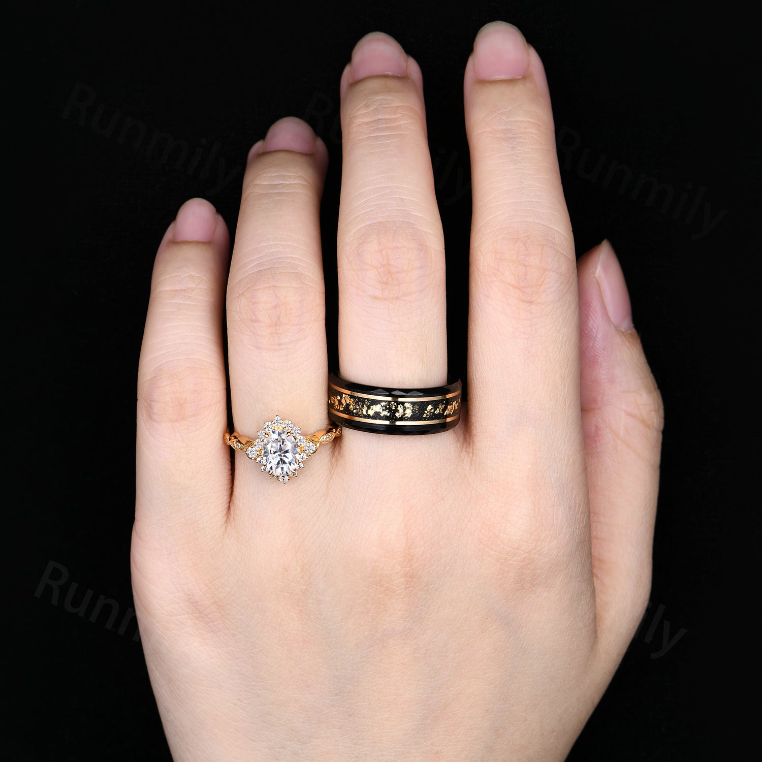 Vintage Moissanite Couples Ring Set Unique Oval Diamond Bridal Ring Yellow Gold His and Hers Wedding Bands Matching Ring Set