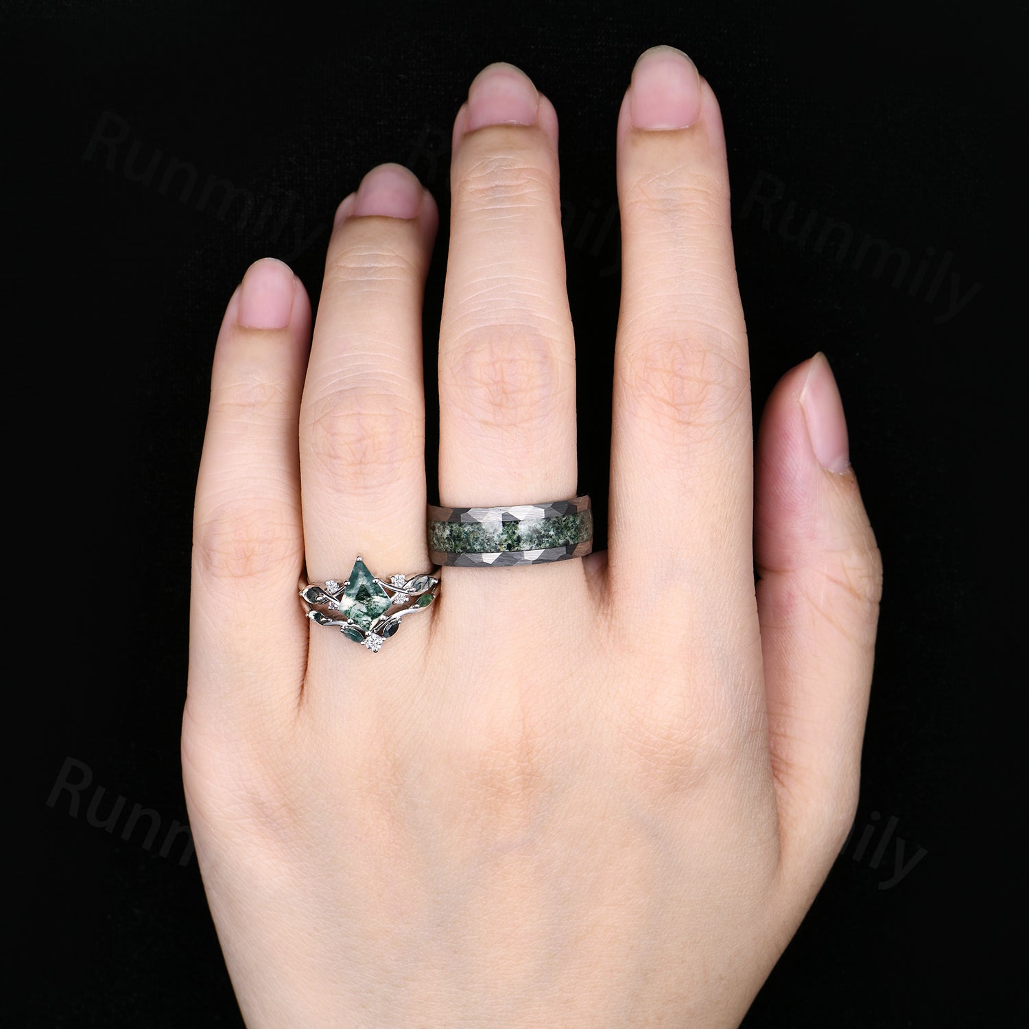Kite Green Moss Agate Ring Set- His and Hers Wedding Band- Silver & Tungsten Ring Set- Matching Nature Couples Promise Ring
