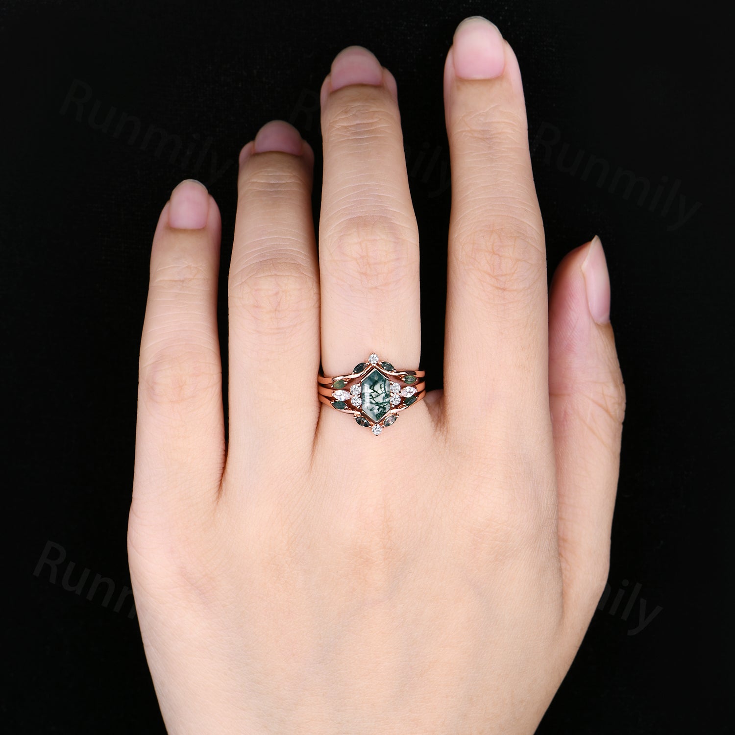 Hexagon moss agate engagement ring set Vintage double band wedding ring Unique Rose gold moissanite ring bridal promise women gift