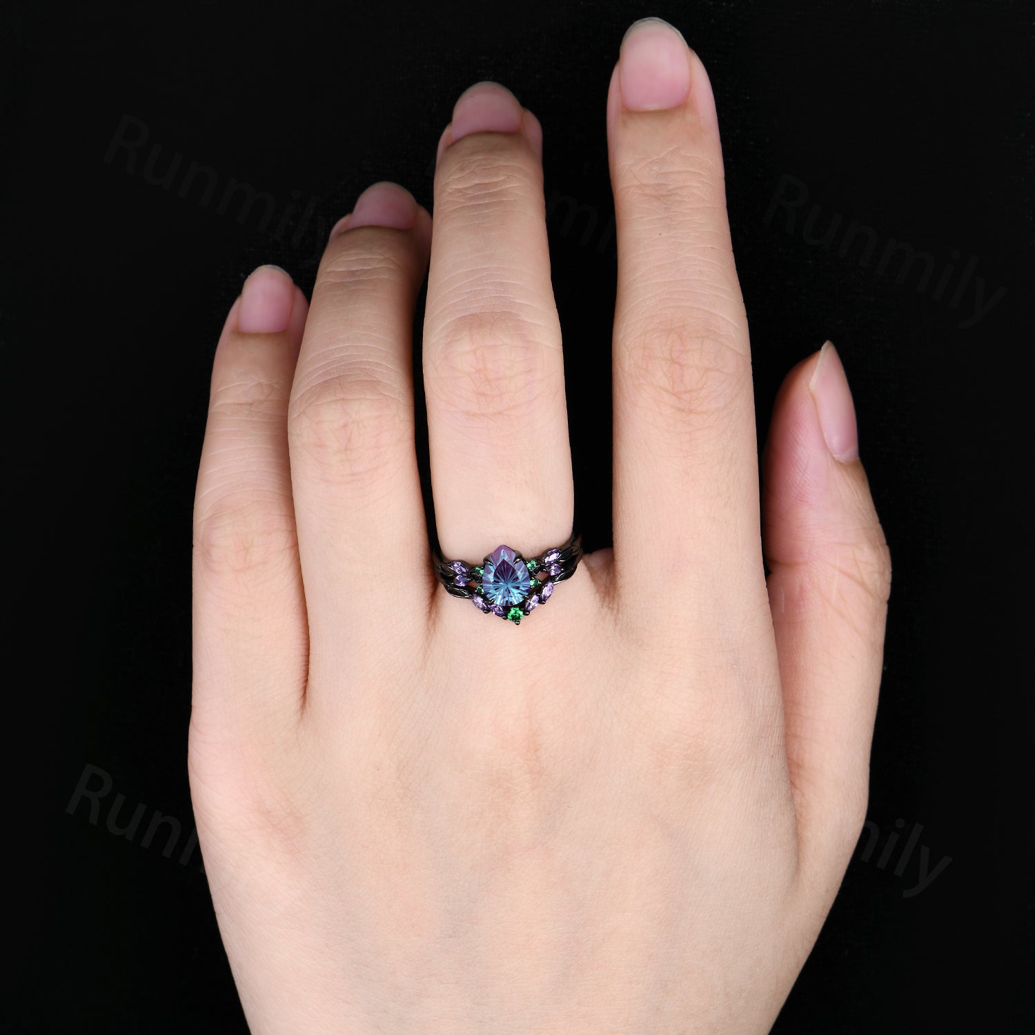 Firework cut Alexandrite Engagement Ring Set, Black Gold Amethyst Emerald Branch Wedding Band