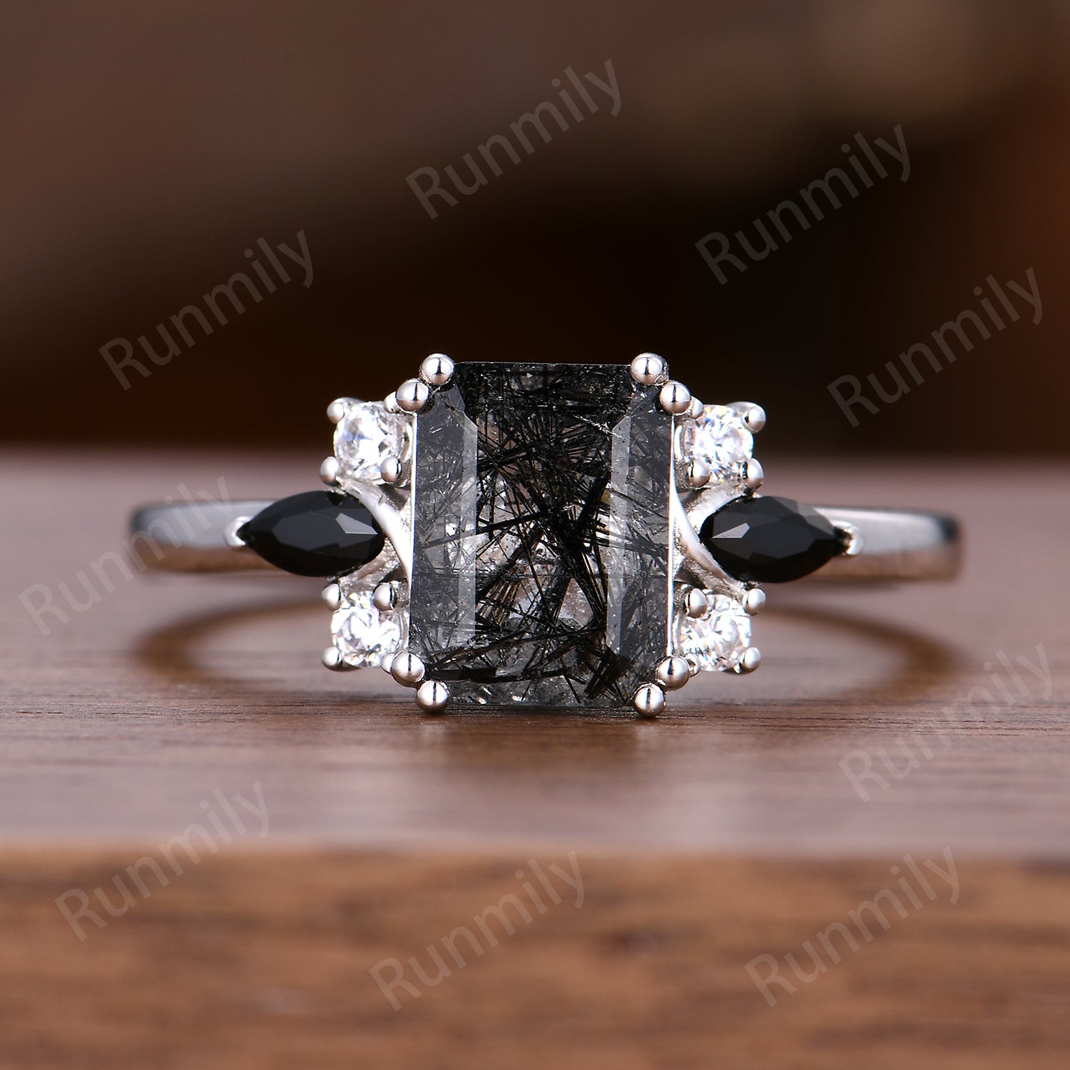Unique Emerald Cut Natural Black Rutilated Quartz Engagement Ring Vintage Black Rutilated Quartz Set With Black Spinel And Moissanite Seven Stone Ring Silver Bride Ring