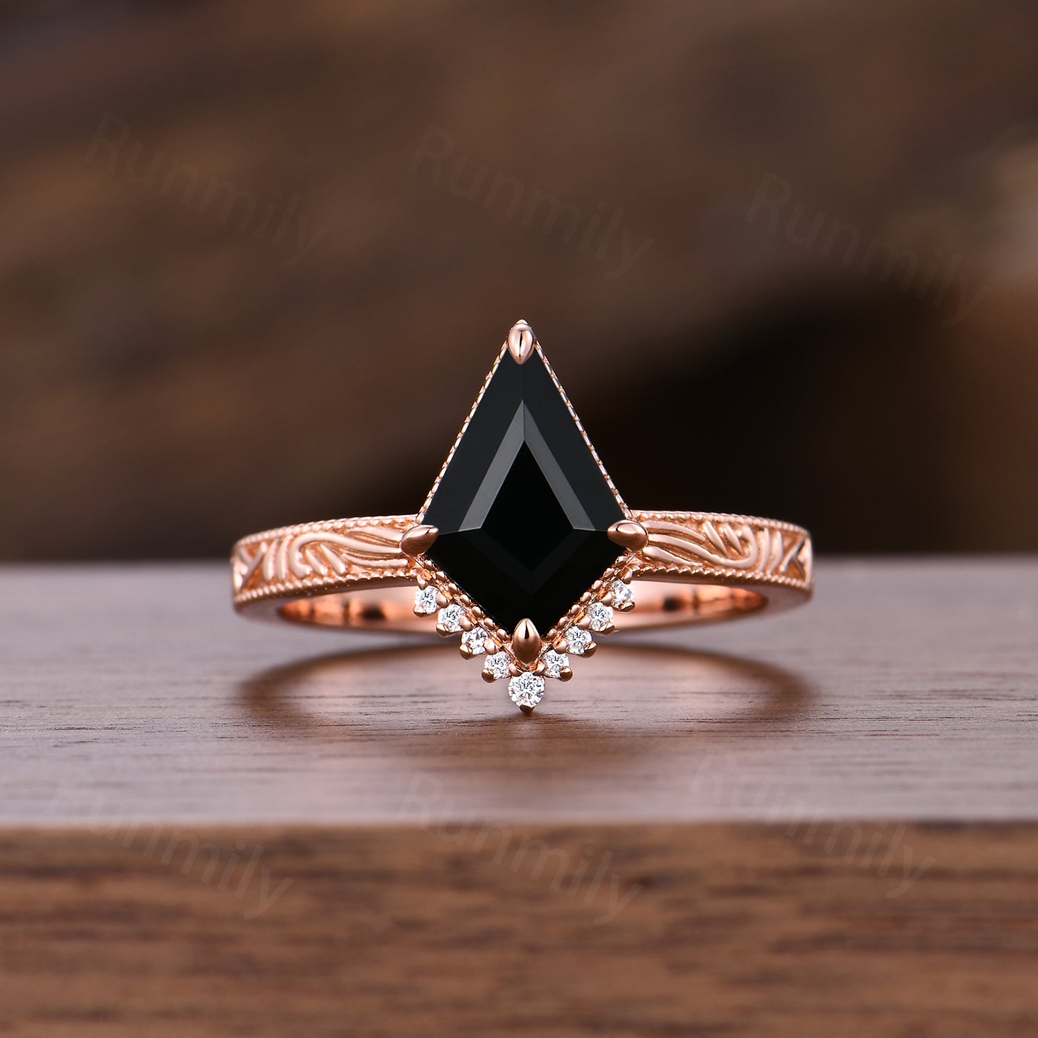 Filigree Black Onyx Engagement Ring Set Antique Rose Gold Wedding Stacking Ring Unique V Curved Bridal Anniversary Ring