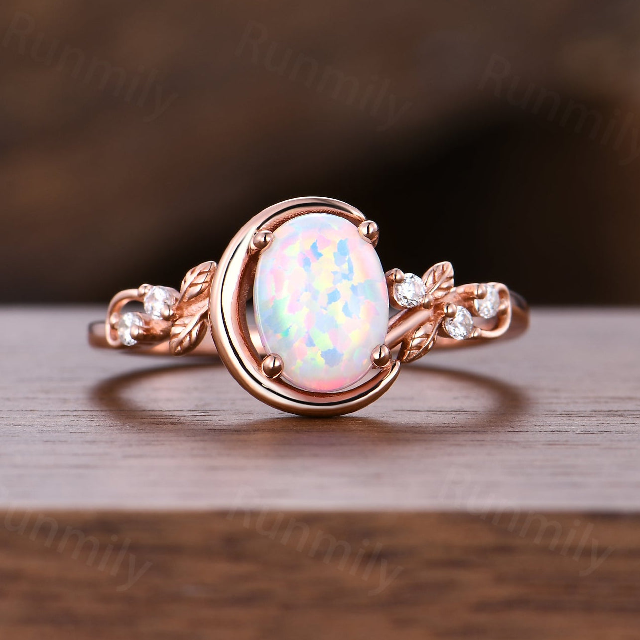Crescent Opal Engagement Ring, Rose Gold Twig Leaf Moissanite Wedding Anniversary Ring