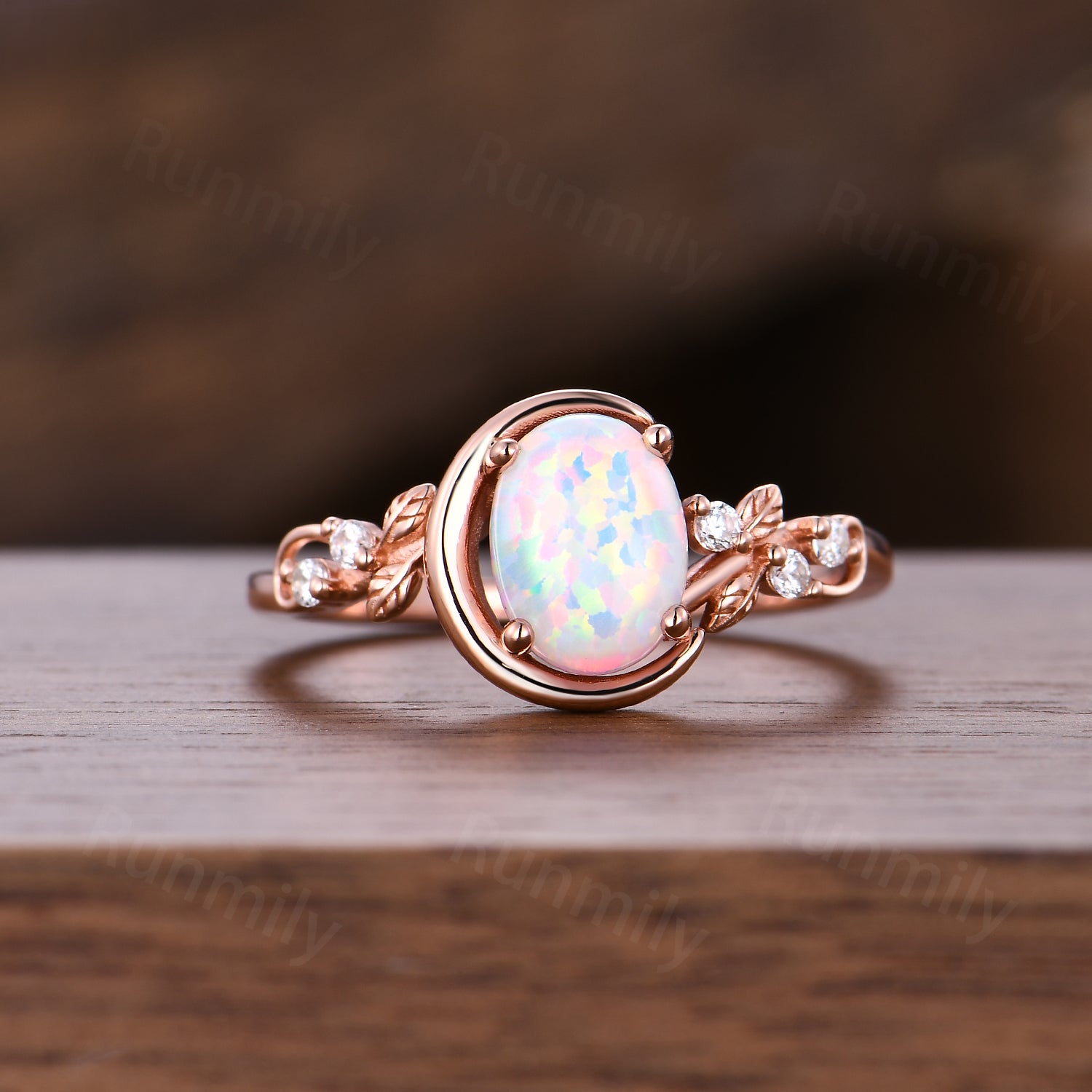 Crescent Opal Engagement Ring, Rose Gold Twig Leaf Moissanite Wedding Anniversary Ring