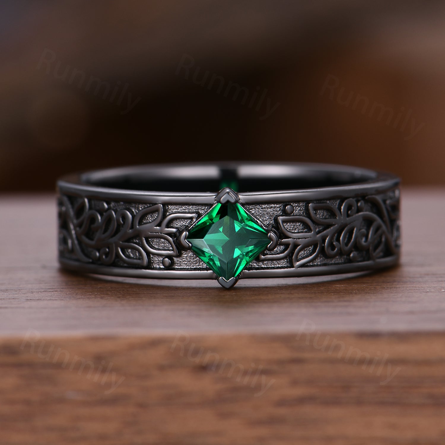 Emerald Mens Wedding Band Gothic Princess Cut Band Art Deco Leaf Design Unique Black Gold Mens Stacking Band Gift For Him