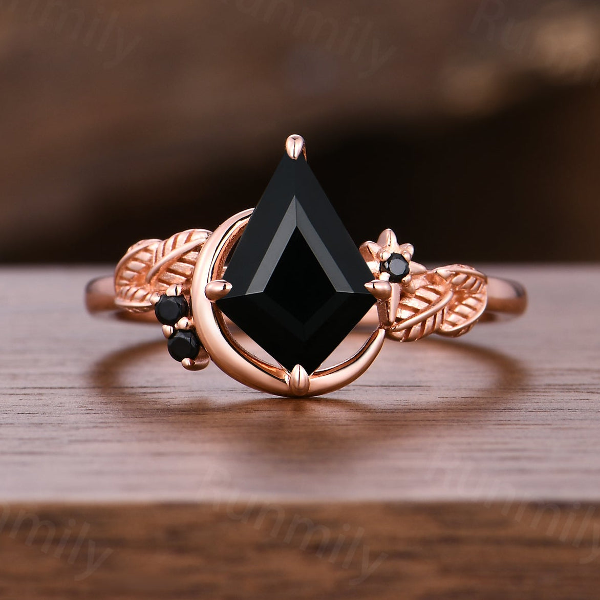 Vintage Kite Cut Black Onyx Engagement Ring Rose Gold Nature Inspired Ring Unique Moon Leaf Black Gem Wedding Ring Art Deco Promise Ring