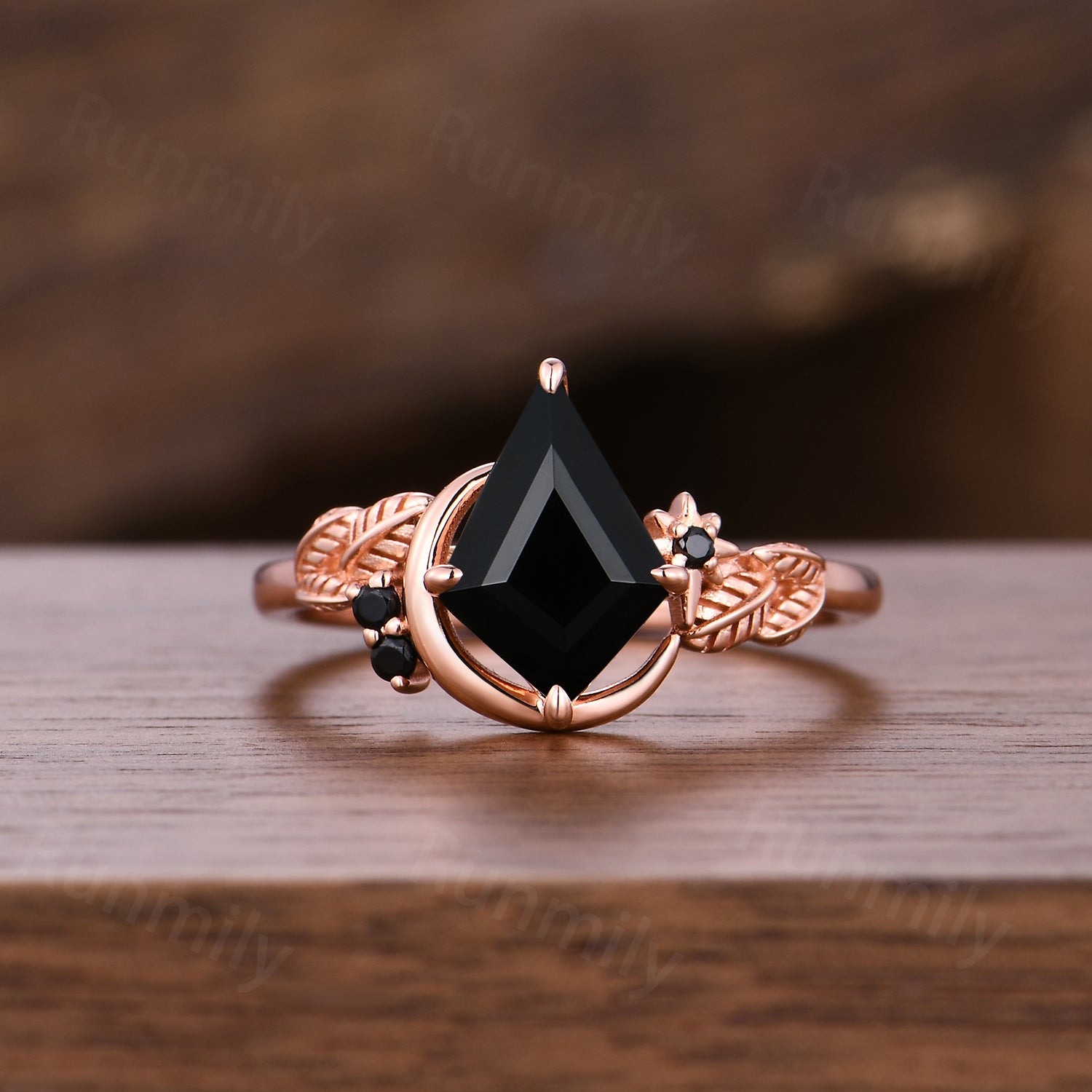 Vintage Kite Cut Black Onyx Engagement Ring Rose Gold Nature Inspired Ring Unique Moon Leaf Black Gem Wedding Ring Art Deco Promise Ring