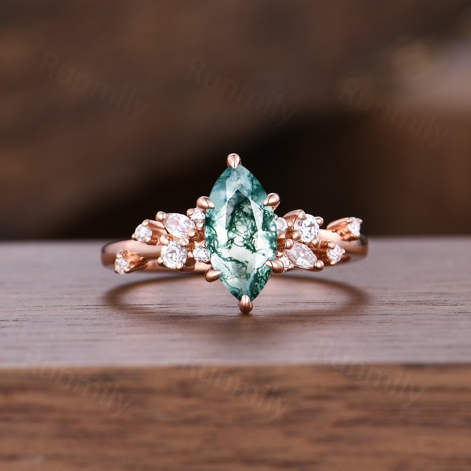Moss Agate Marquise Bridal Ring Set: Vintage Rose Gold Moissanite Cluster