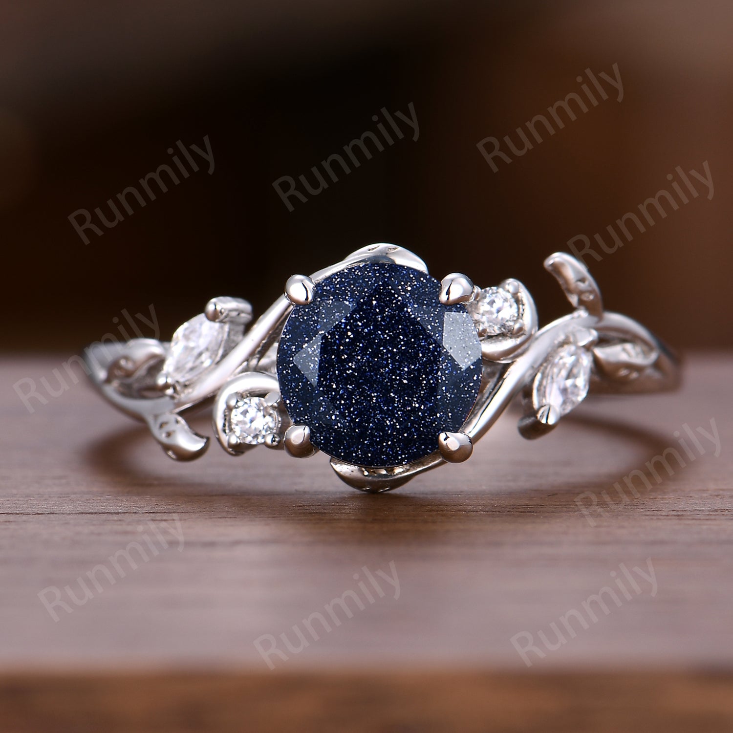 Round Cut Blue Sandstone Engagement Ring Set Twig Leaf Moissanite Wedding Band White Gold Nature Inspired Bridal Set Galaxy Anniversary Ring