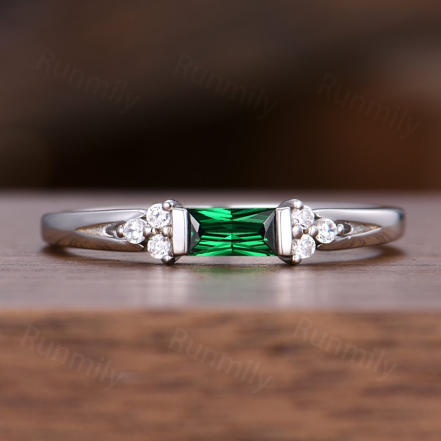 Baguette cut Emerald Wedding Band Sterling Silver Stacking Band Unique Moissanite Cluster Wedding Ring Dainty Anniversary Ring For Women