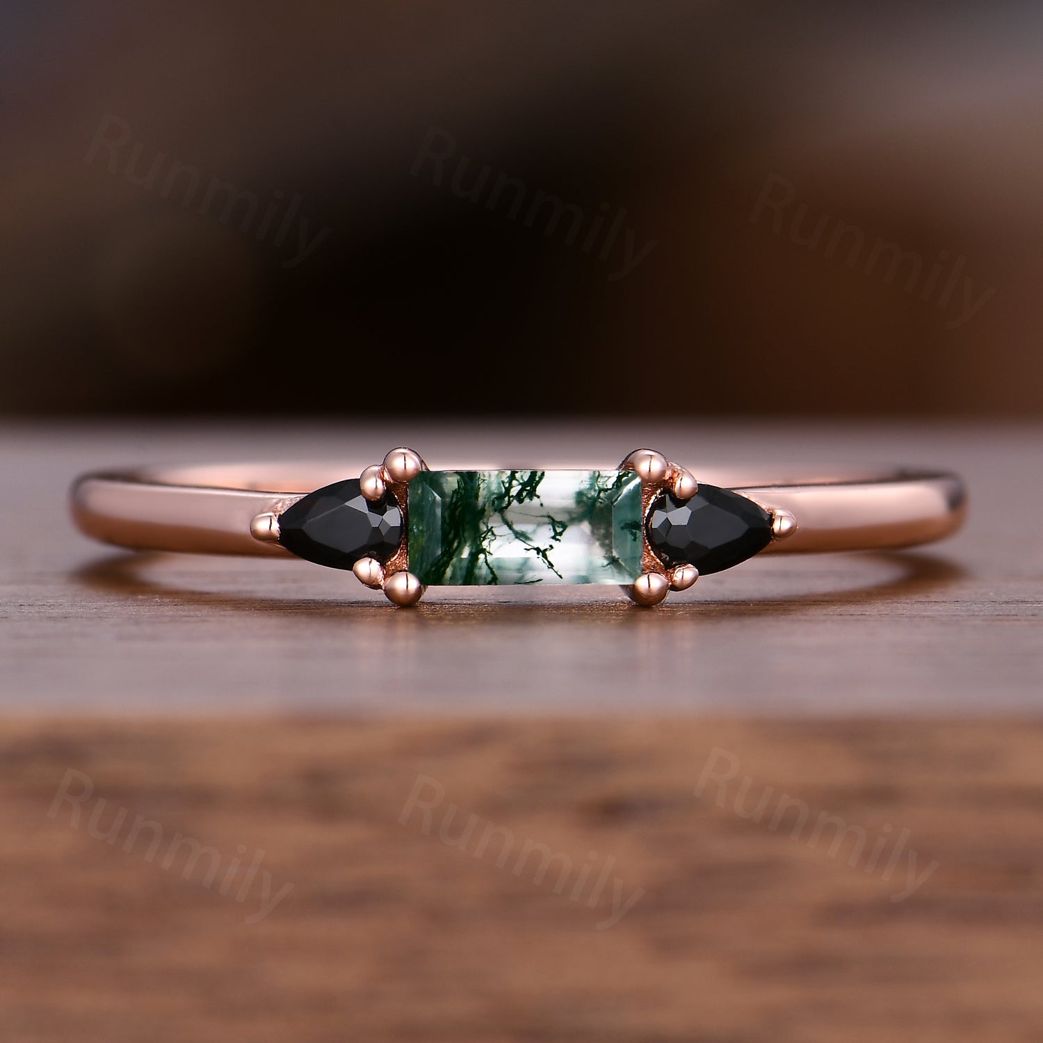 Baguette Cut Moss Agate Wedding Band Rose Gold Black Spinel Wedding Ring Three Stone Stacking Matching Band Gemstone Anniversary Ring