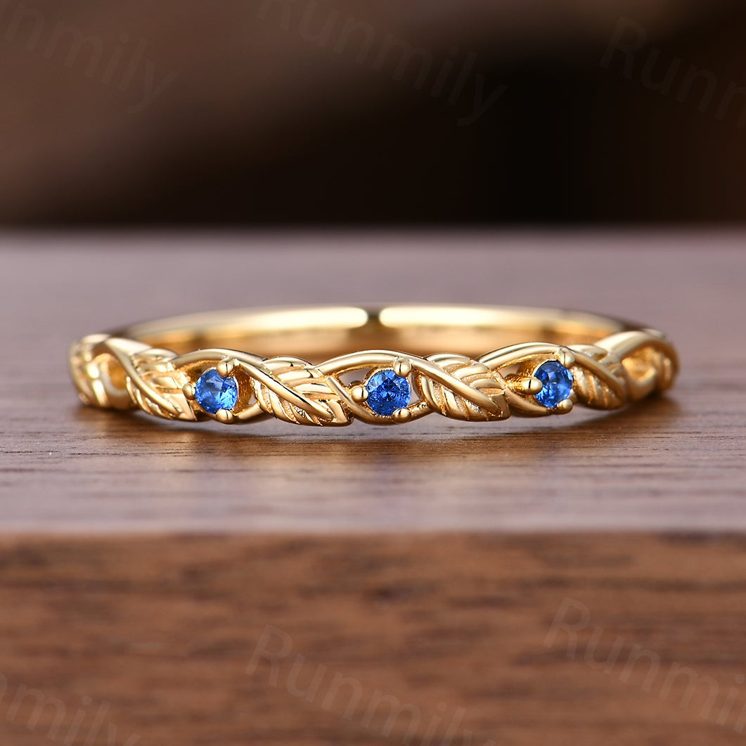 Dainty Blue Sapphire Wedding Band Leafy Inspired Band Solid Yellow Gold Three Stone Stacking Band Anniversary Ring Branch Ring
