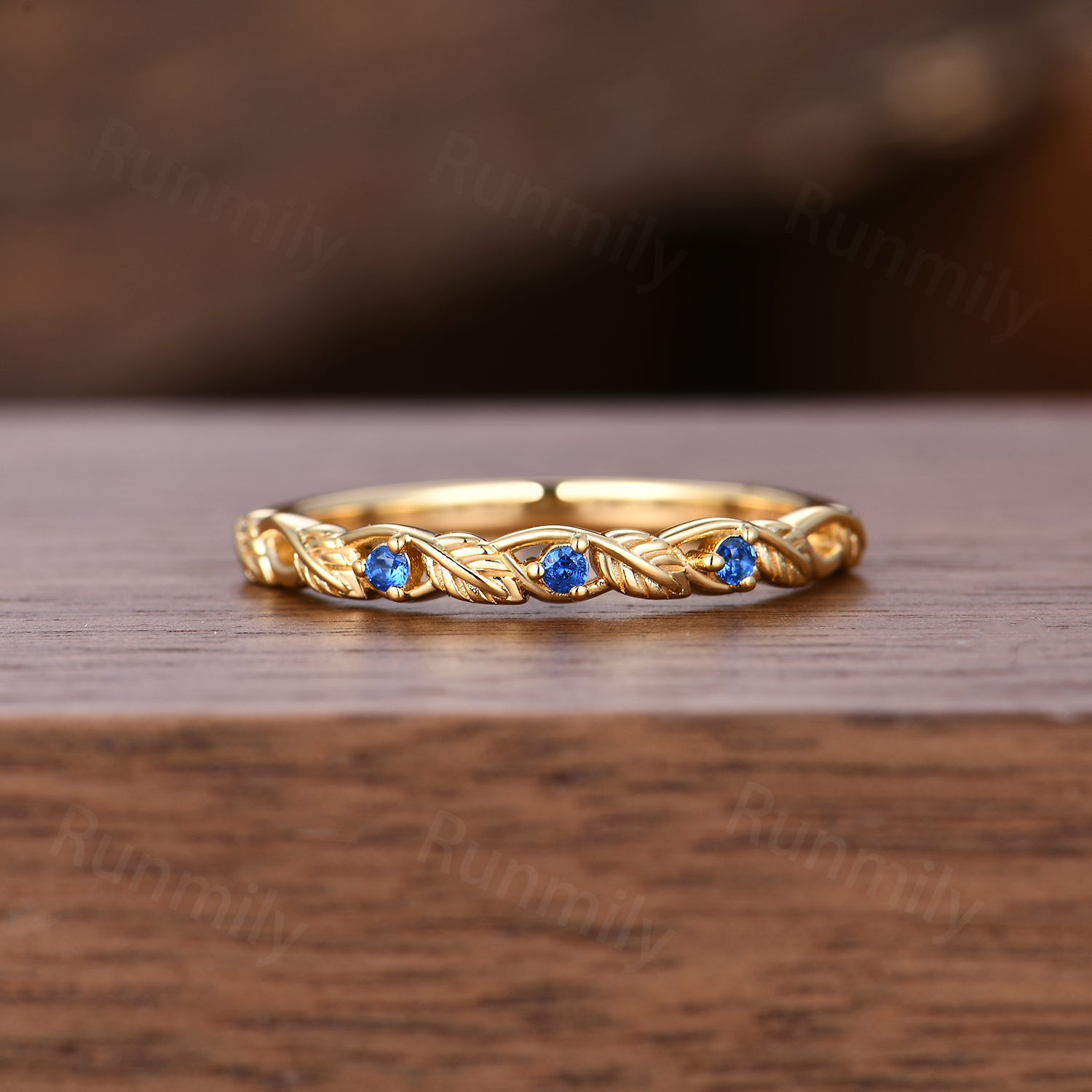 Dainty Blue Sapphire Wedding Band Leafy Inspired Band Solid Yellow Gold Three Stone Stacking Band Anniversary Ring Branch Ring