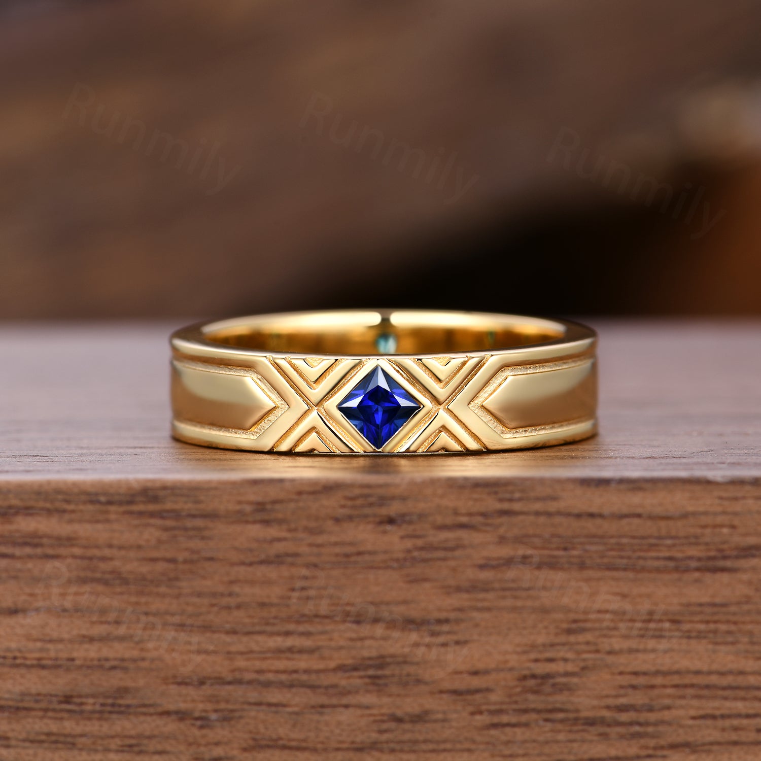 Unique Blue Sapphire Mens Wedding Band Yellow Gold Princess Cut Engagement Ring For Mens Stacking Wedding Ring His Anniversary Promise Ring