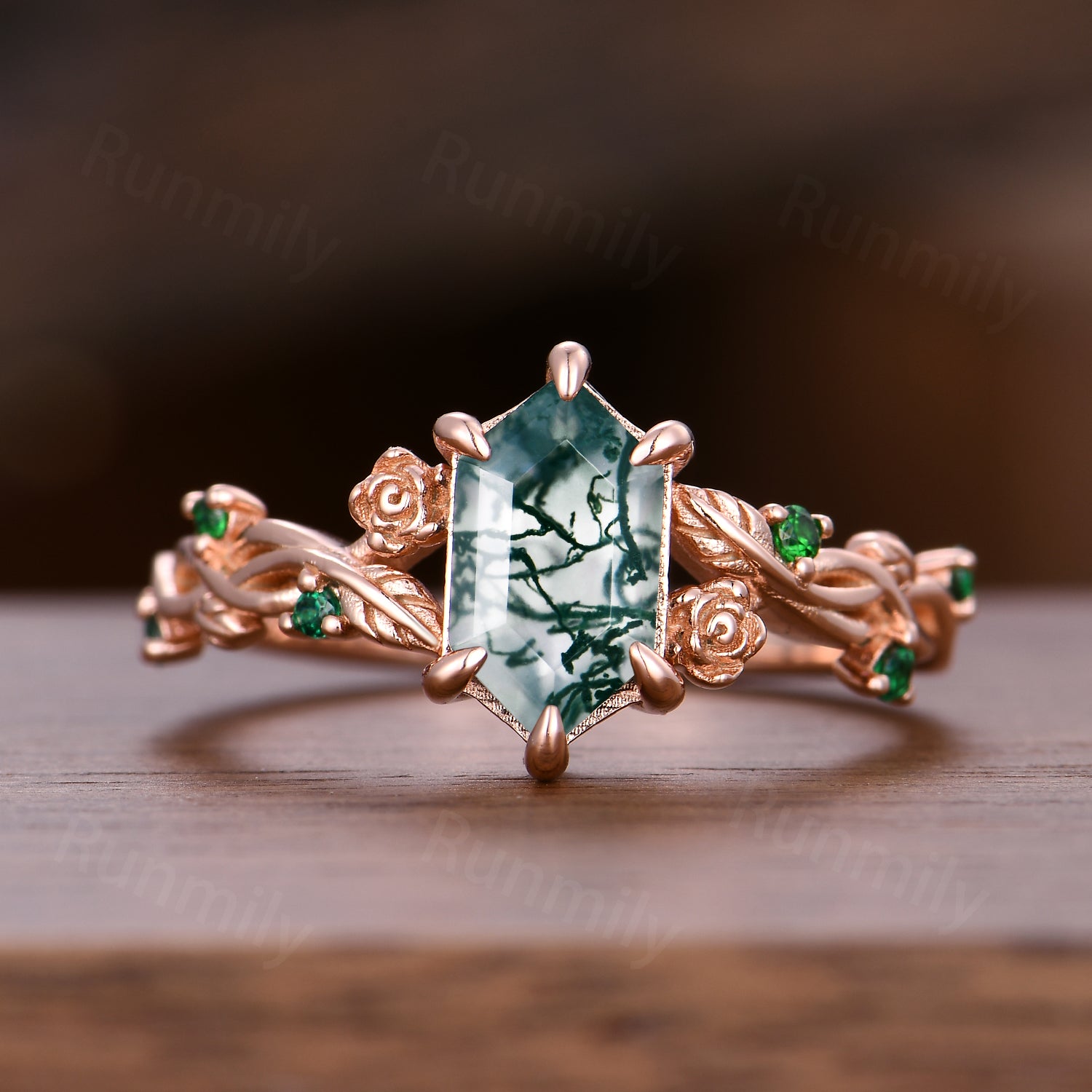 Unique Moss Agate Engagement Ring Infinity Leaf Emerald Ring Twisted Vine Wedding Ring For Women Nature Wedding Jewelry