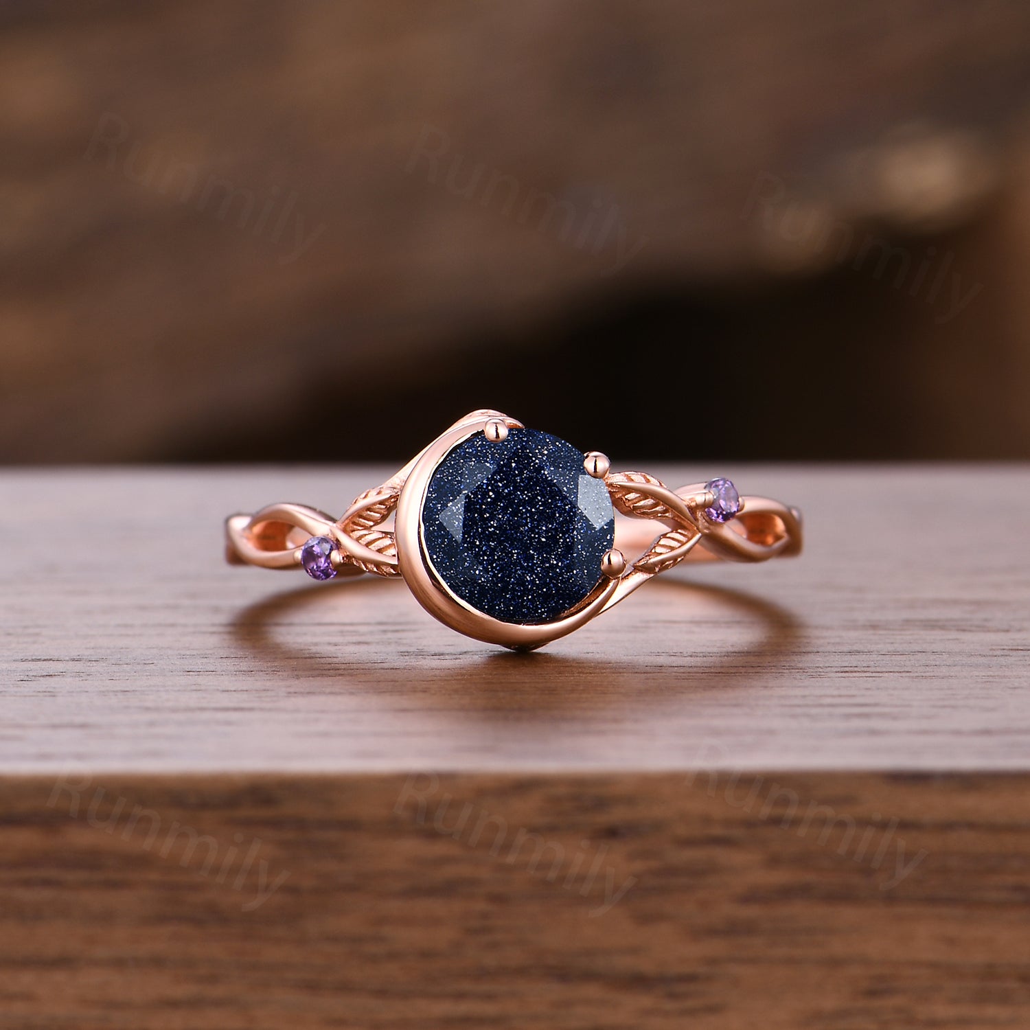 1CT Round Galaxy Blue Sandstone Amethyst Engagement Ring Set Moon Twig Leaf Bridal Wedding Ring Vintage Rose Gold Promise Rings
