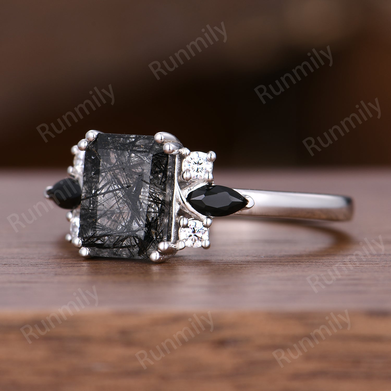 Unique Emerald Cut Natural Black Rutilated Quartz Engagement Ring Vintage Black Rutilated Quartz Set With Black Spinel And Moissanite Seven Stone Ring Silver Bride Ring
