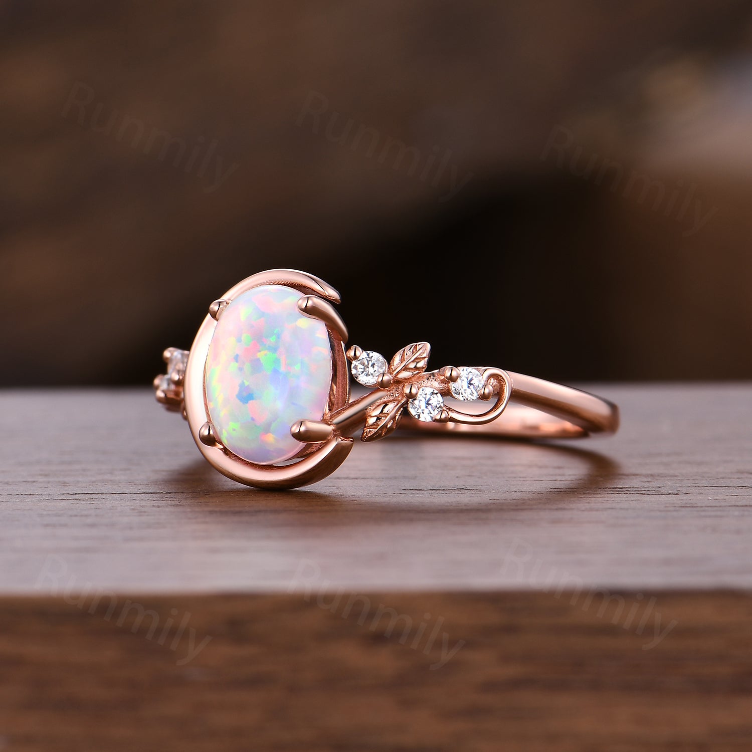 Crescent Opal Engagement Ring, Rose Gold Twig Leaf Moissanite Wedding Anniversary Ring