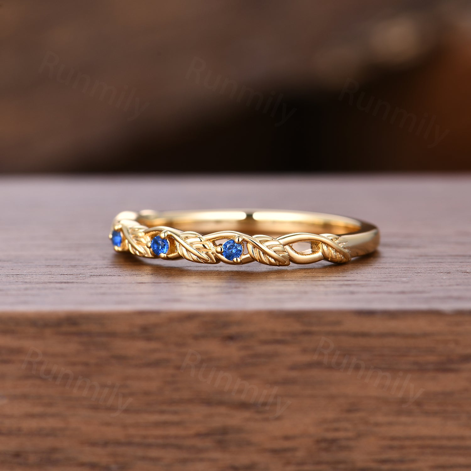 Dainty Blue Sapphire Wedding Band Leafy Inspired Band Solid Yellow Gold Three Stone Stacking Band Anniversary Ring Branch Ring