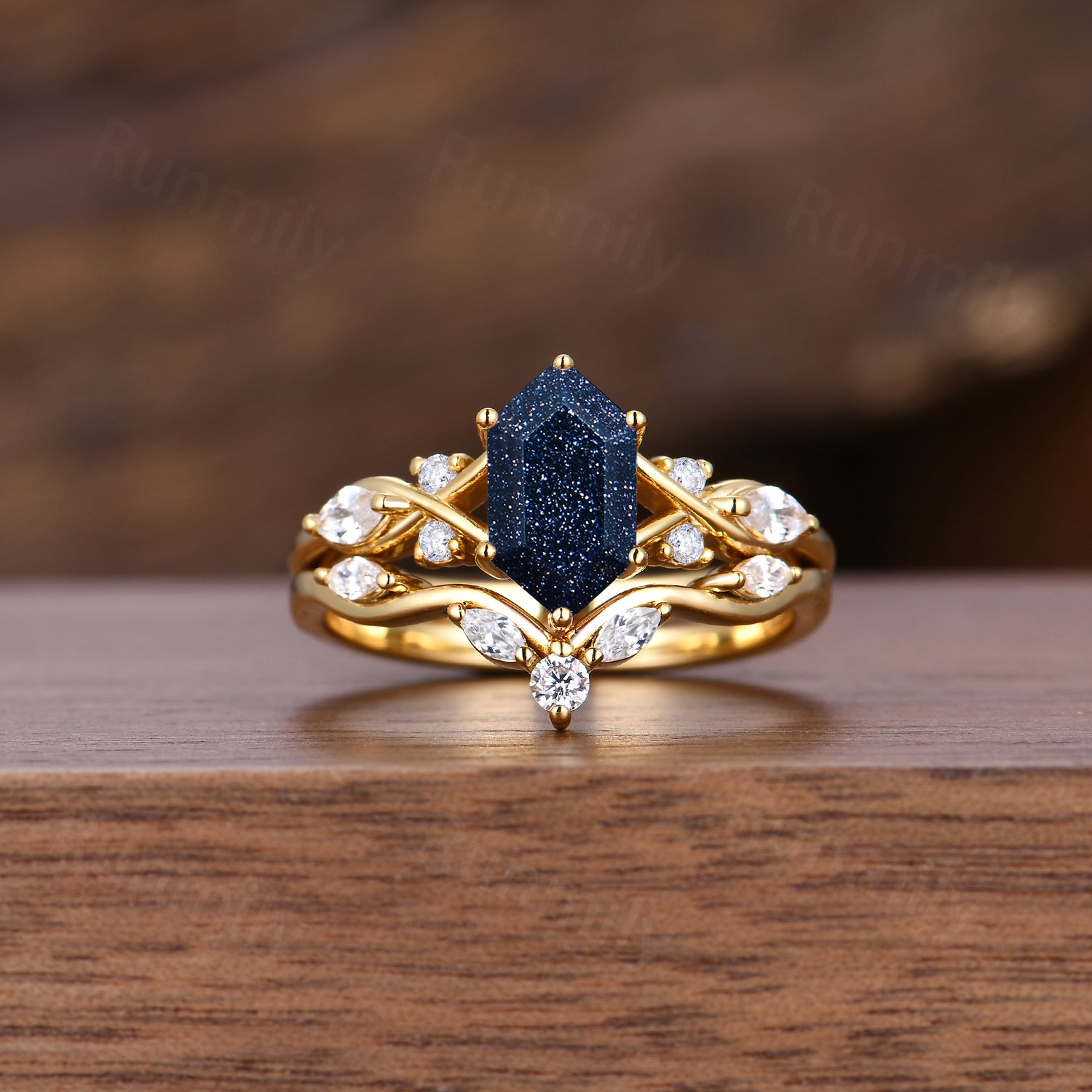 Starry Night Rings, Galaxy Blue Sandstone Couples Ring Set, Unique Cluster Bridal Ring, Yellow Gold Couple Wedding Band Cosmos Promise Rings