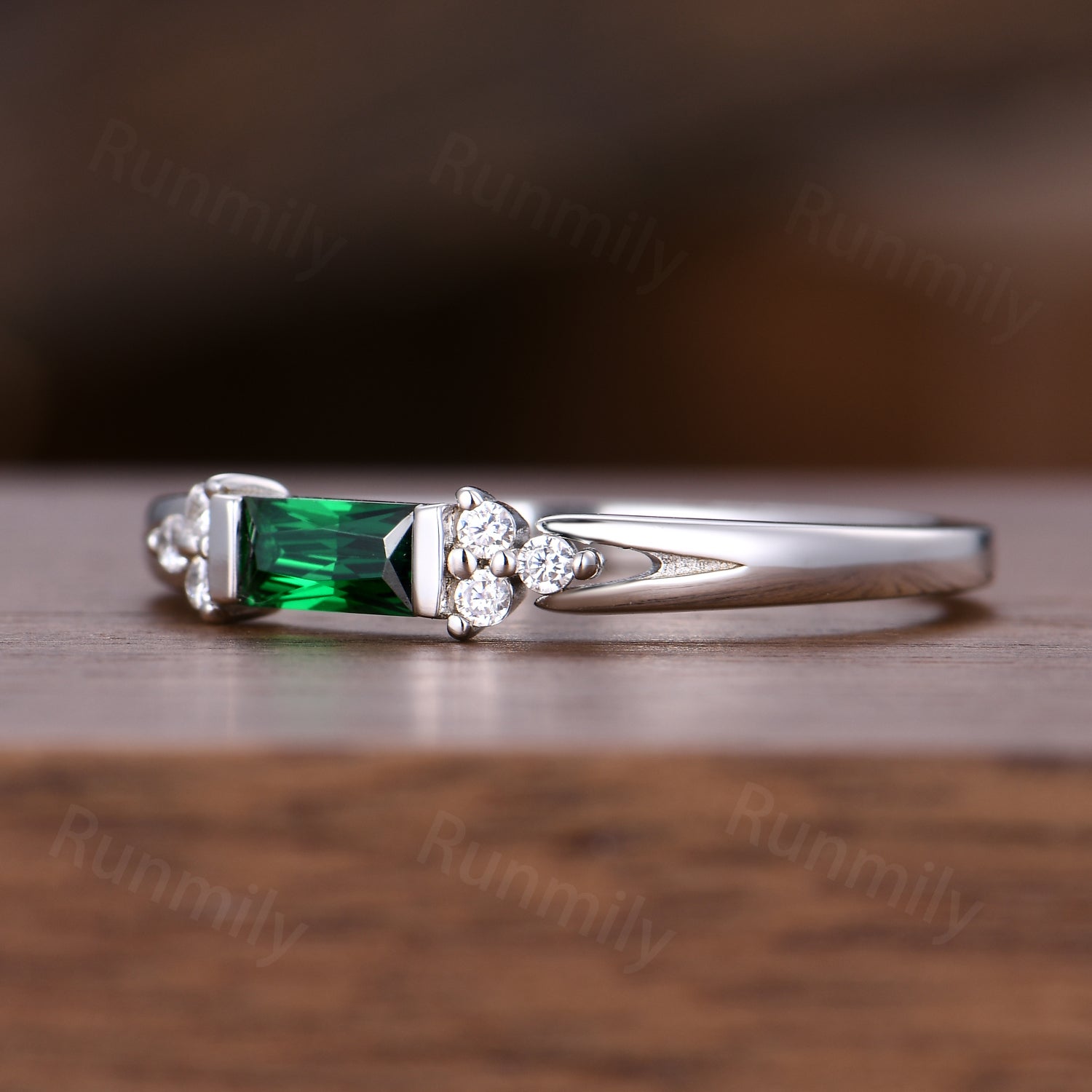 Baguette cut Emerald Wedding Band Sterling Silver Stacking Band Unique Moissanite Cluster Wedding Ring Dainty Anniversary Ring For Women