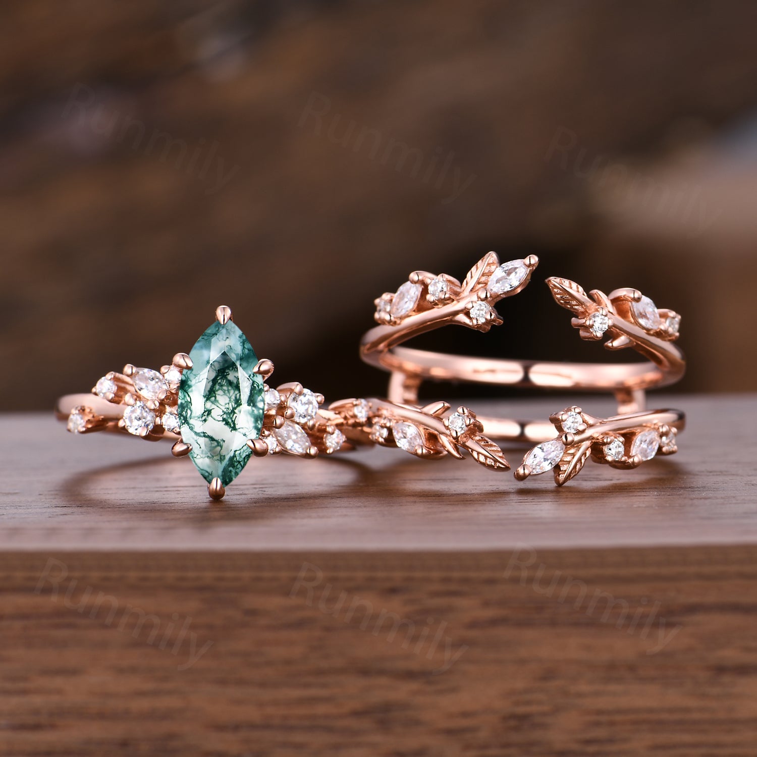 Moss Agate Marquise Bridal Ring Set: Vintage Rose Gold Moissanite Cluster