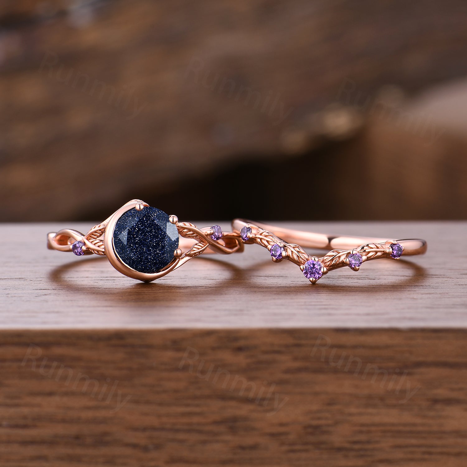1CT Round Galaxy Blue Sandstone Amethyst Engagement Ring Set Moon Twig Leaf Bridal Wedding Ring Vintage Rose Gold Promise Rings