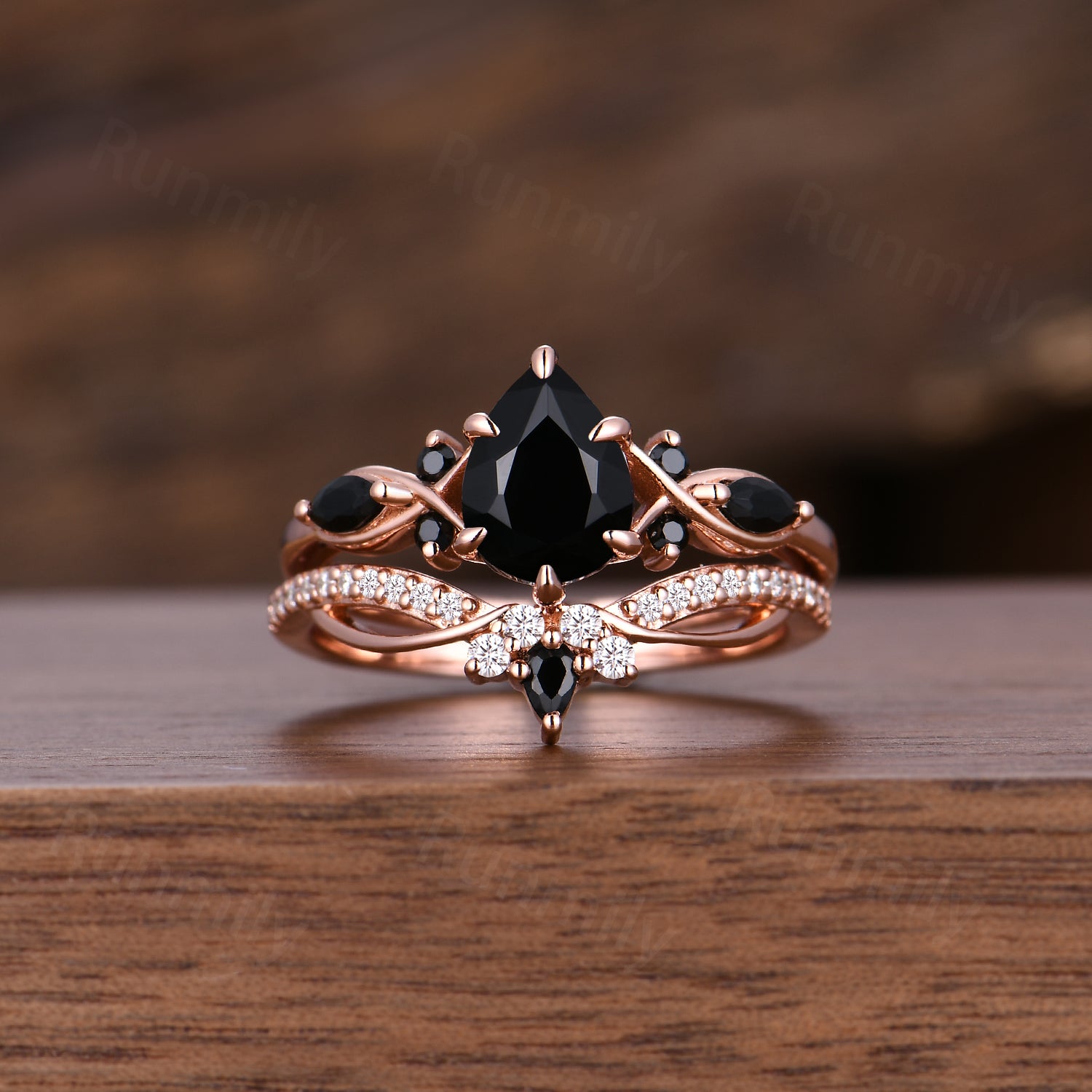 Vintage Black Onyx Couple Ring Set Rose Gold & Tungsten His and Her Band Matching Unique Promise Ring Set