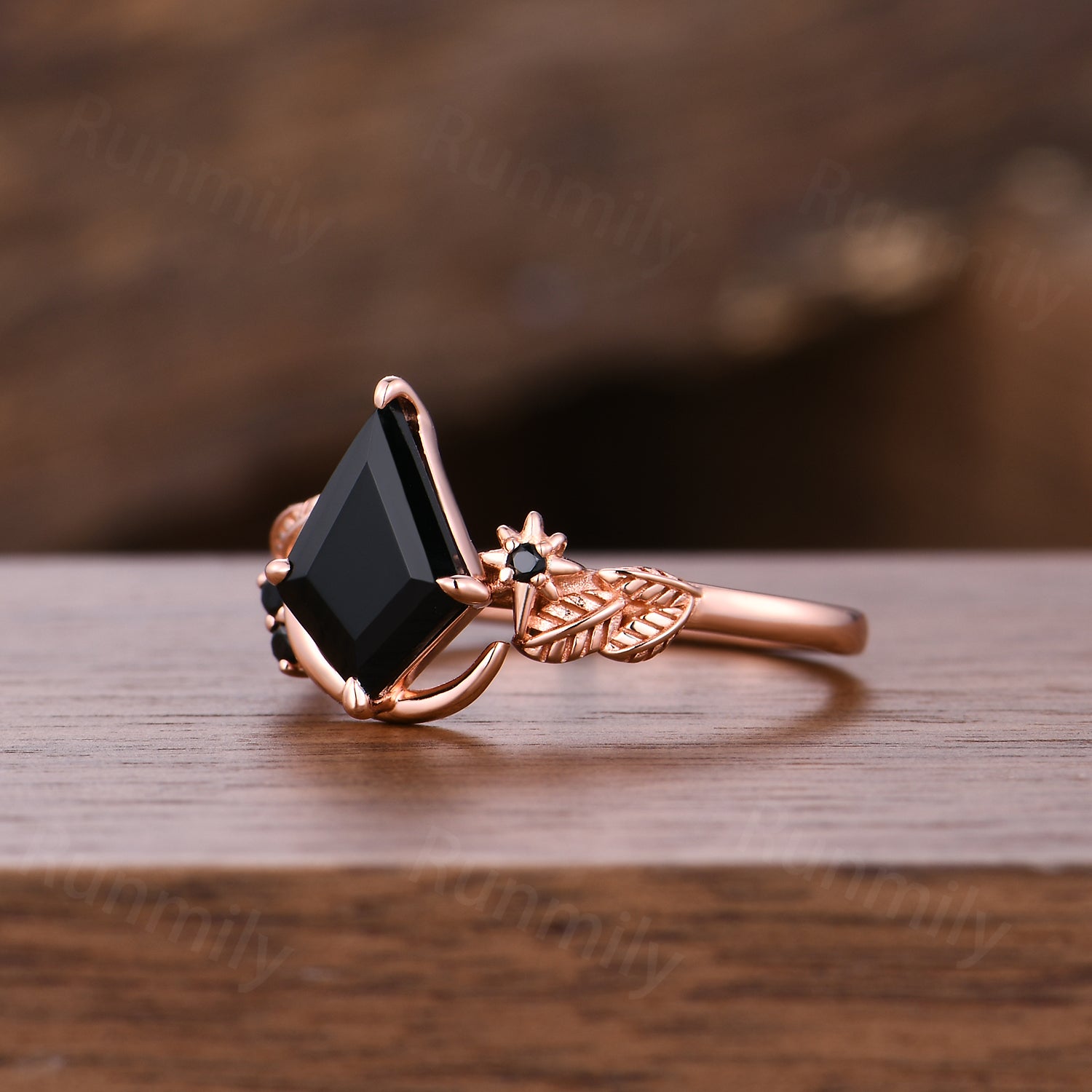 Vintage Kite Cut Black Onyx Engagement Ring Rose Gold Nature Inspired Ring Unique Moon Leaf Black Gem Wedding Ring Art Deco Promise Ring