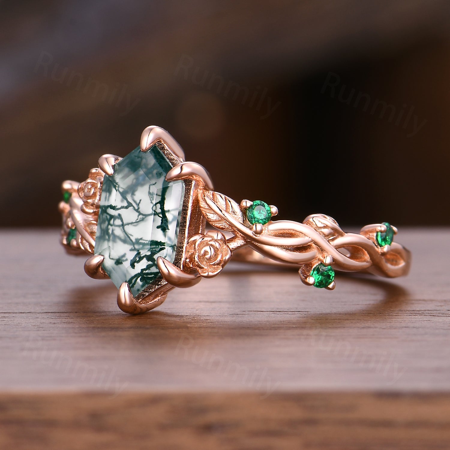 Unique Moss Agate Engagement Ring Infinity Leaf Emerald Ring Twisted Vine Wedding Ring For Women Nature Wedding Jewelry