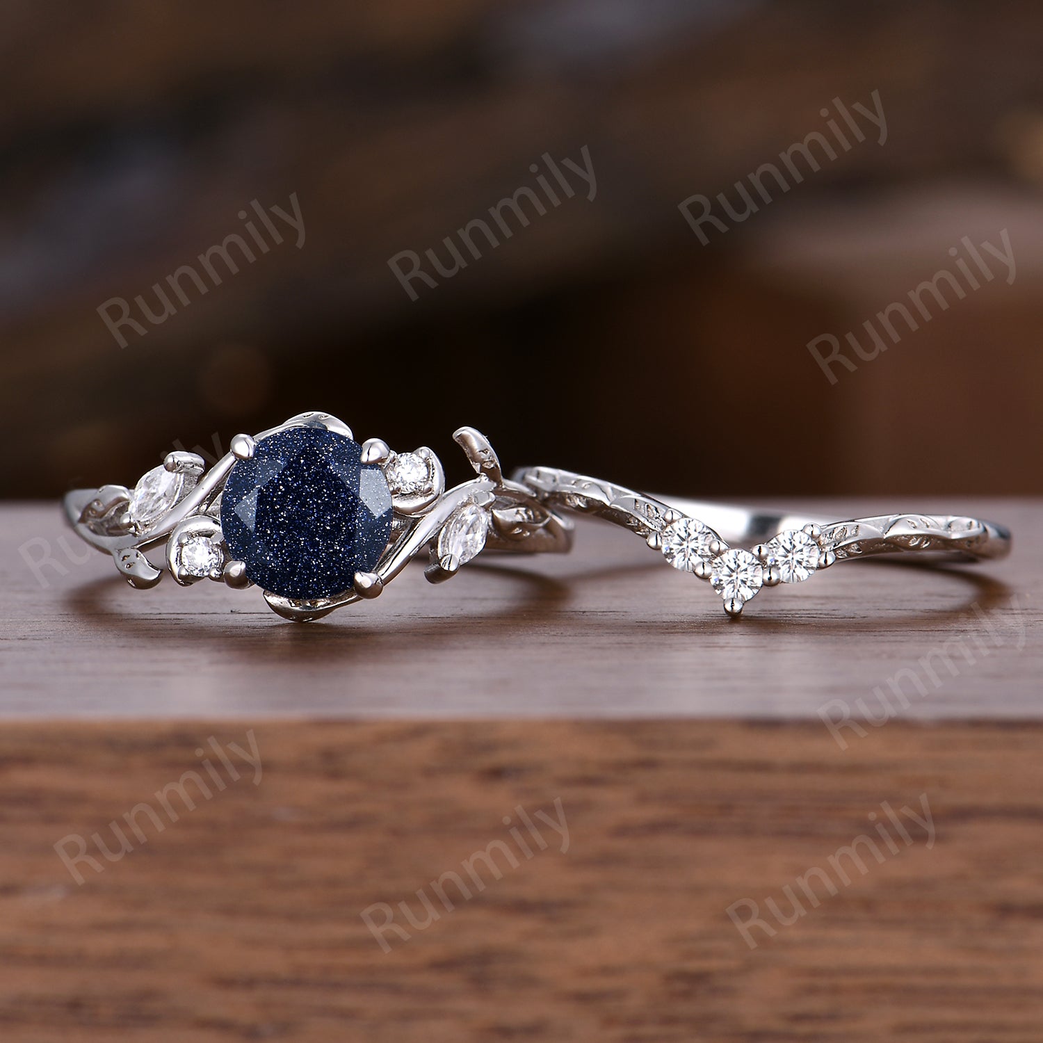 Round Cut Blue Sandstone Engagement Ring Set Twig Leaf Moissanite Wedding Band White Gold Nature Inspired Bridal Set Galaxy Anniversary Ring