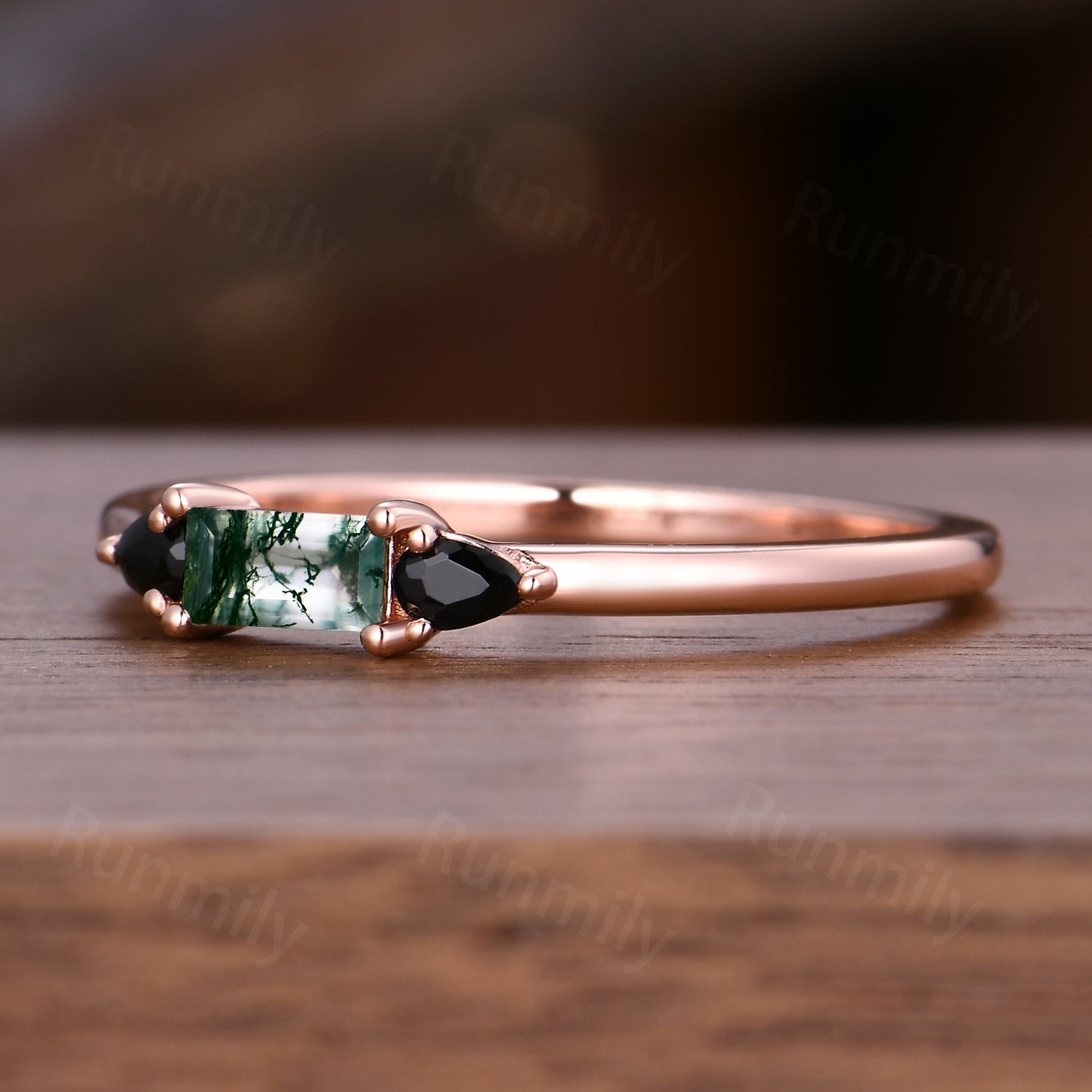 Baguette Cut Moss Agate Wedding Band Rose Gold Black Spinel Wedding Ring Three Stone Stacking Matching Band Gemstone Anniversary Ring