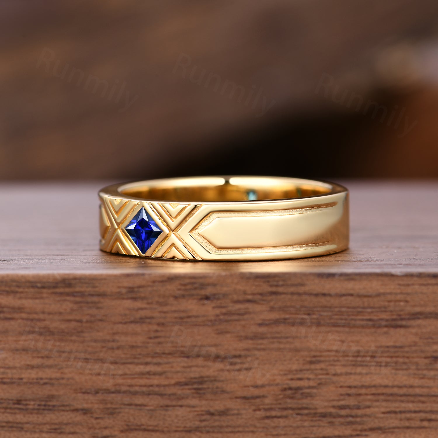 Unique Blue Sapphire Mens Wedding Band Yellow Gold Princess Cut Engagement Ring For Mens Stacking Wedding Ring His Anniversary Promise Ring
