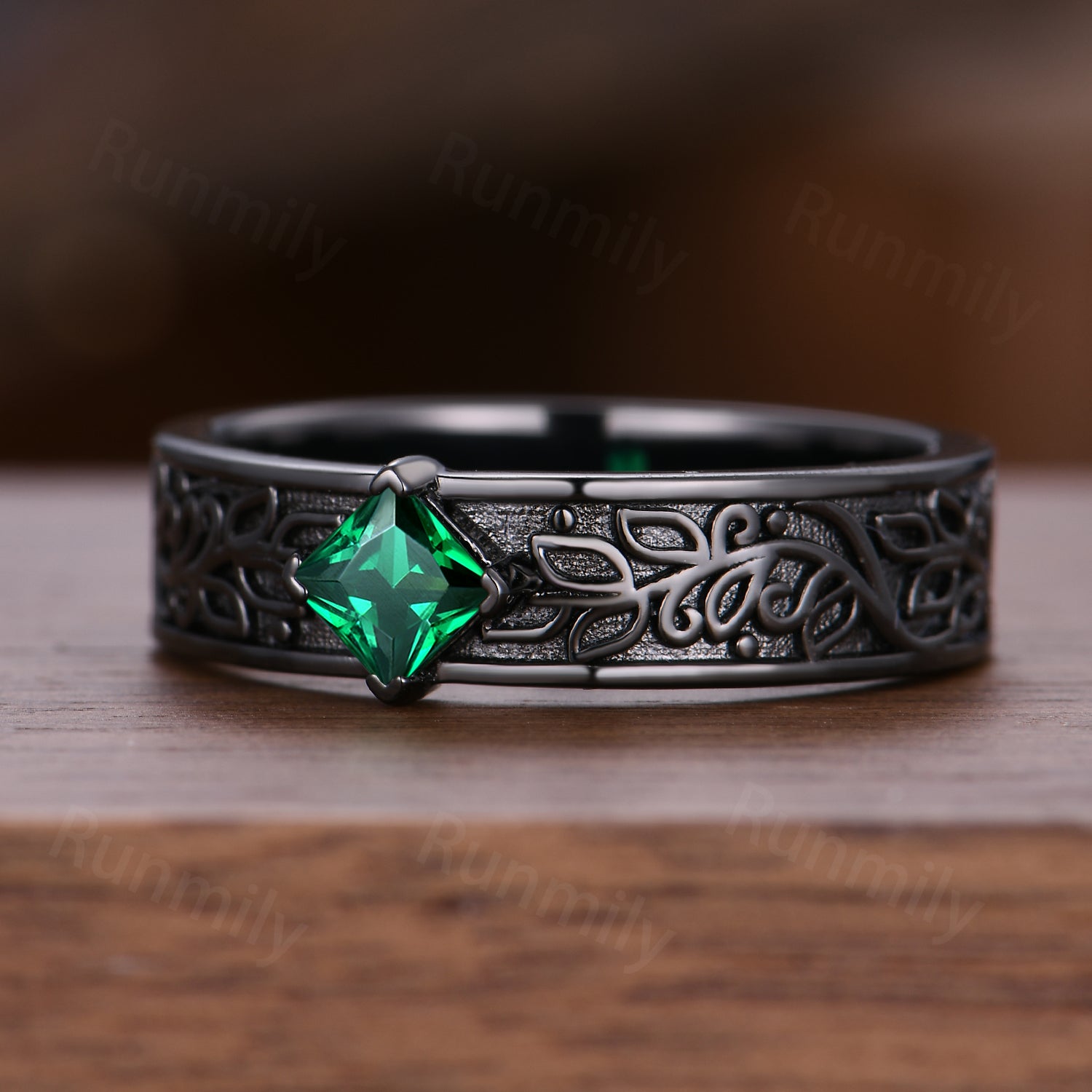 Emerald Mens Wedding Band Gothic Princess Cut Band Art Deco Leaf Design Unique Black Gold Mens Stacking Band Gift For Him