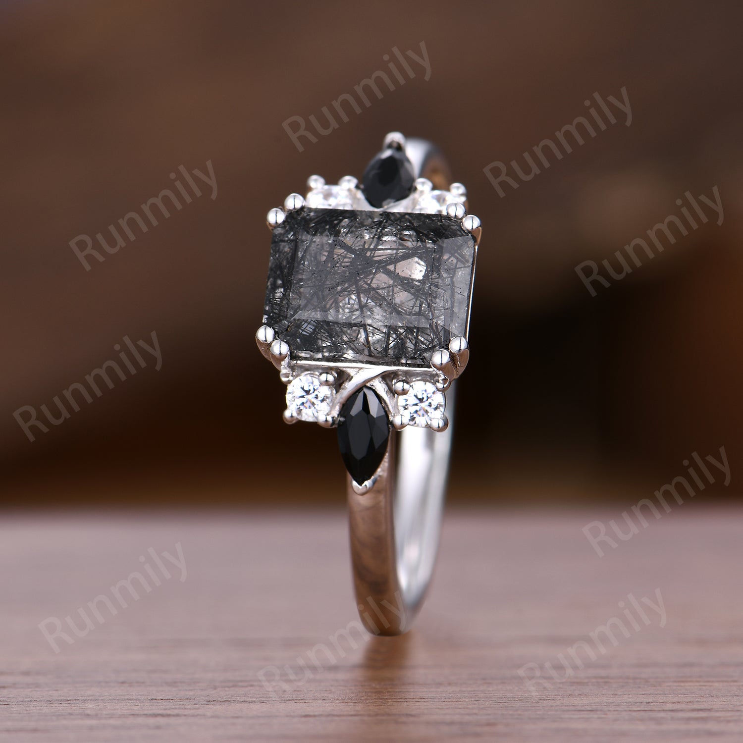 Unique Emerald Cut Natural Black Rutilated Quartz Engagement Ring Vintage Black Rutilated Quartz Set With Black Spinel And Moissanite Seven Stone Ring Silver Bride Ring