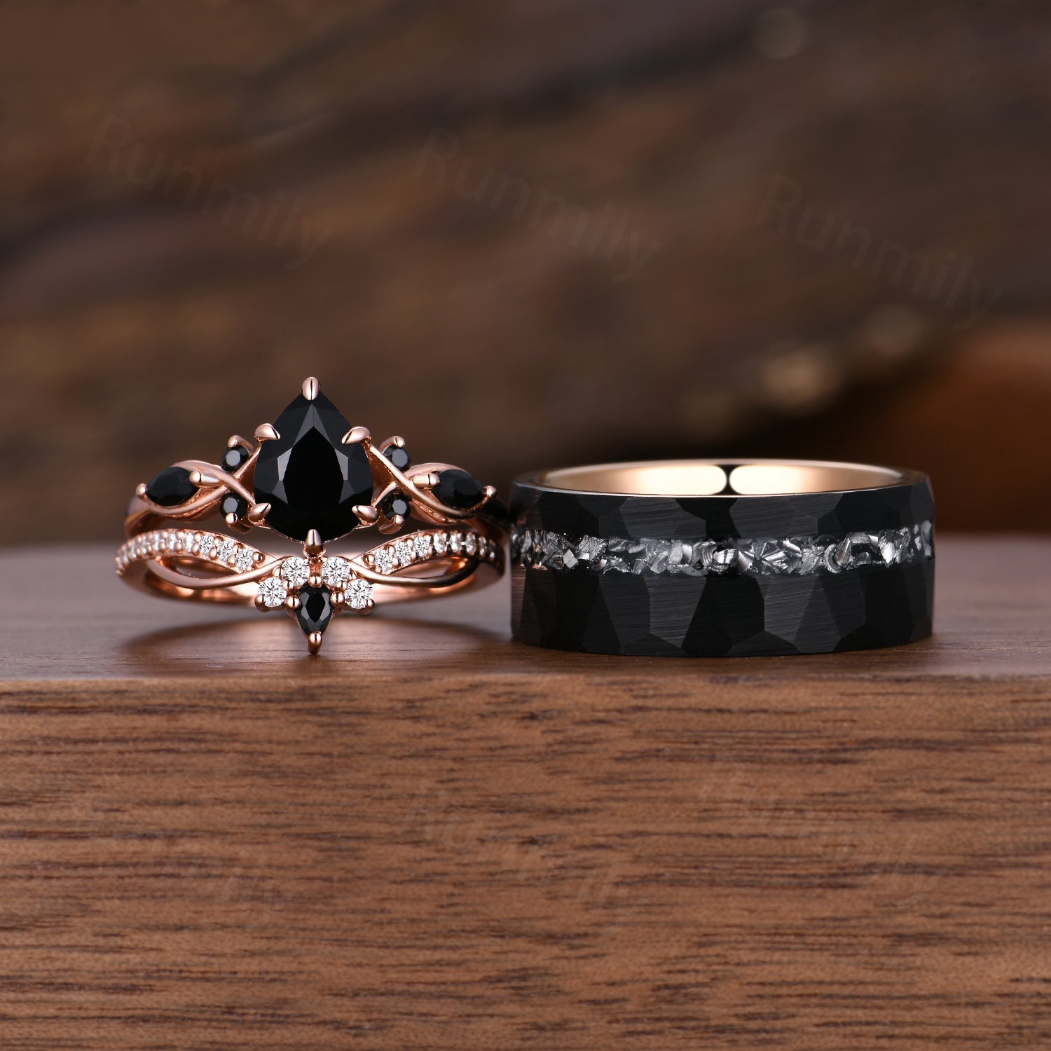 Vintage Black Onyx Couple Ring Set Rose Gold & Tungsten His and Her Band Matching Unique Promise Ring Set