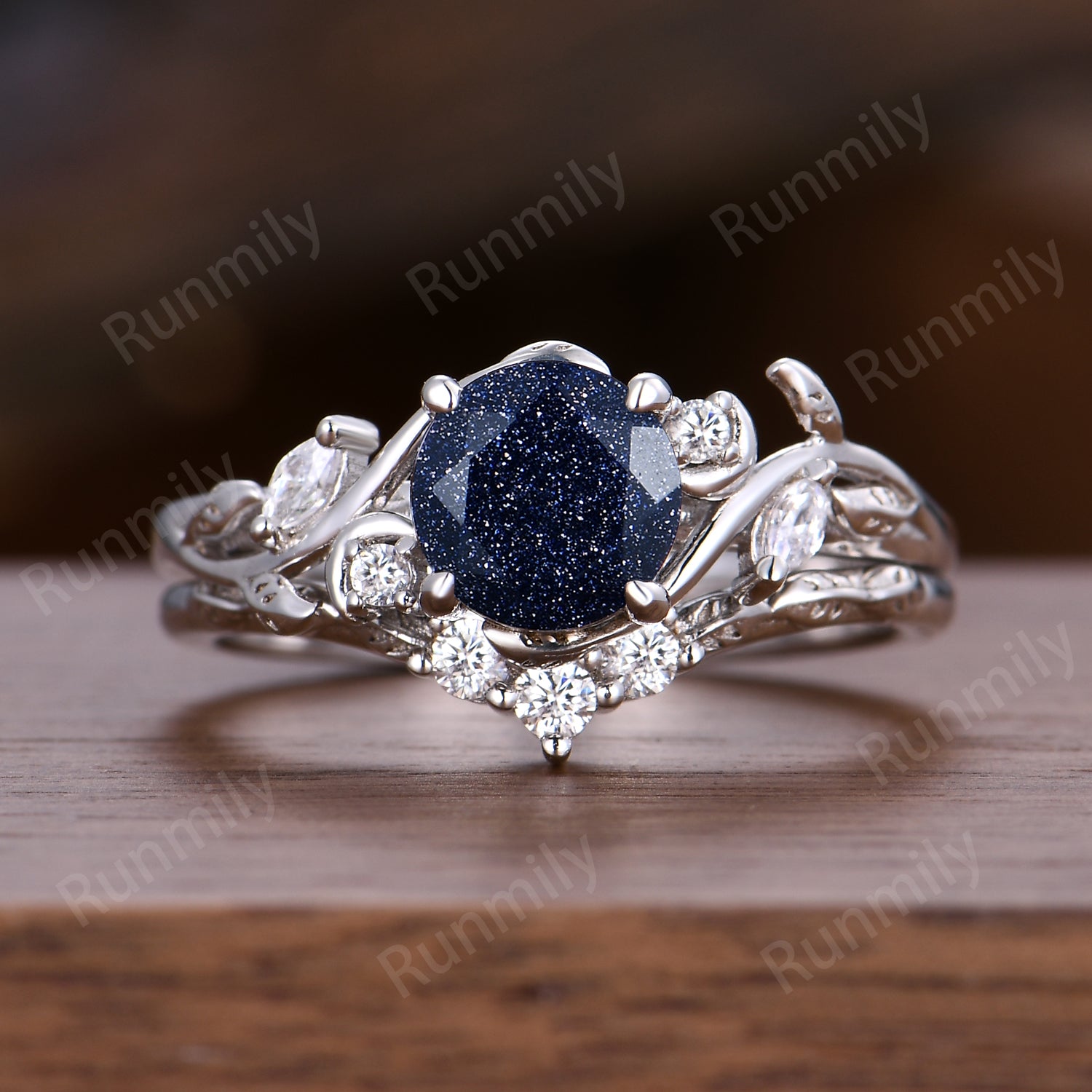 Round Cut Blue Sandstone Engagement Ring Set Twig Leaf Moissanite Wedding Band White Gold Nature Inspired Bridal Set Galaxy Anniversary Ring