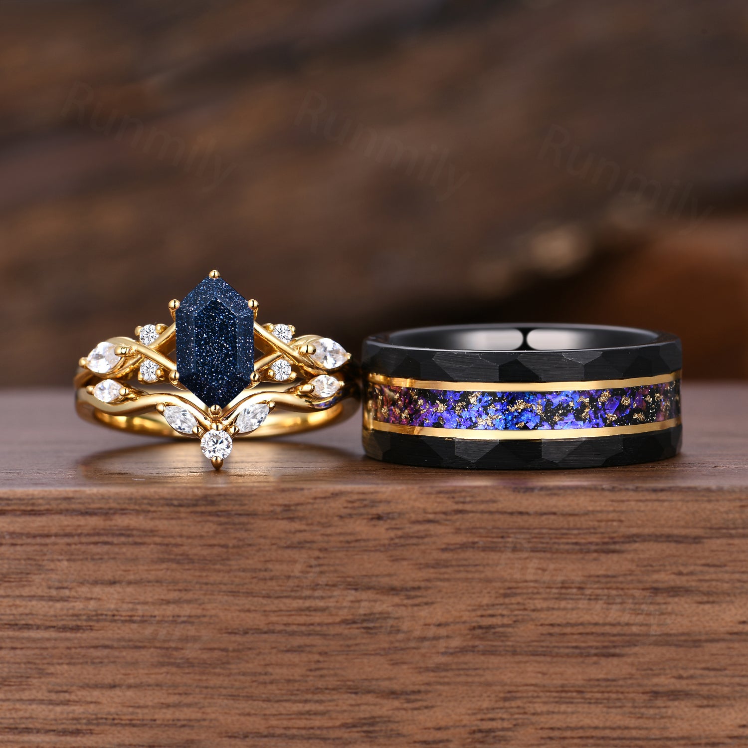 Starry Night Rings, Galaxy Blue Sandstone Couples Ring Set, Unique Cluster Bridal Ring, Yellow Gold Couple Wedding Band Cosmos Promise Rings