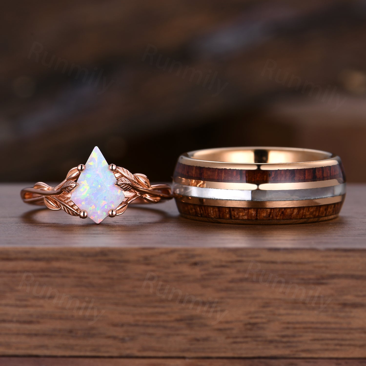 Kite Cut White Opal Couples Ring Set Rose Gold Twig Leaf Ring His And Hers Wedding Band Mens Tungsten Ring October Anniversary Rings