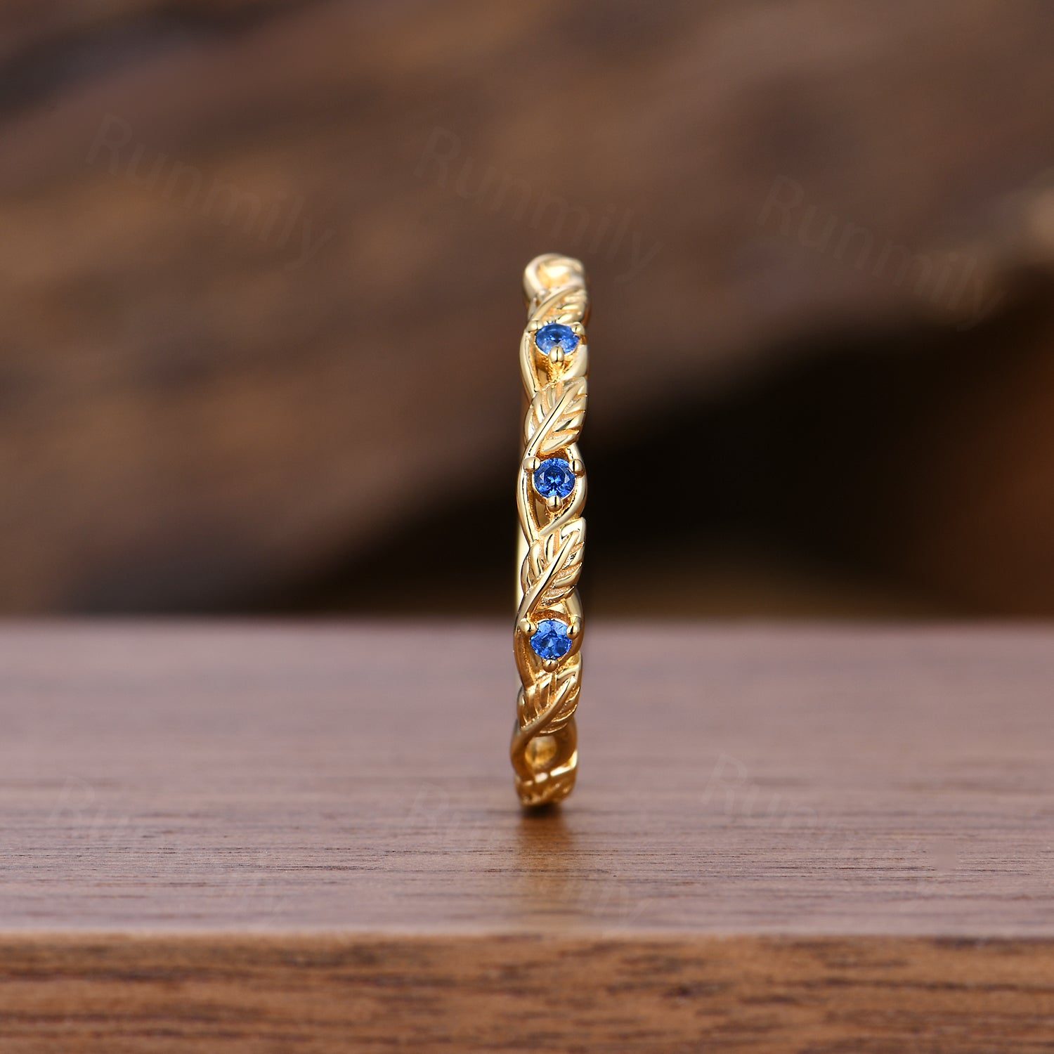 Dainty Blue Sapphire Wedding Band Leafy Inspired Band Solid Yellow Gold Three Stone Stacking Band Anniversary Ring Branch Ring