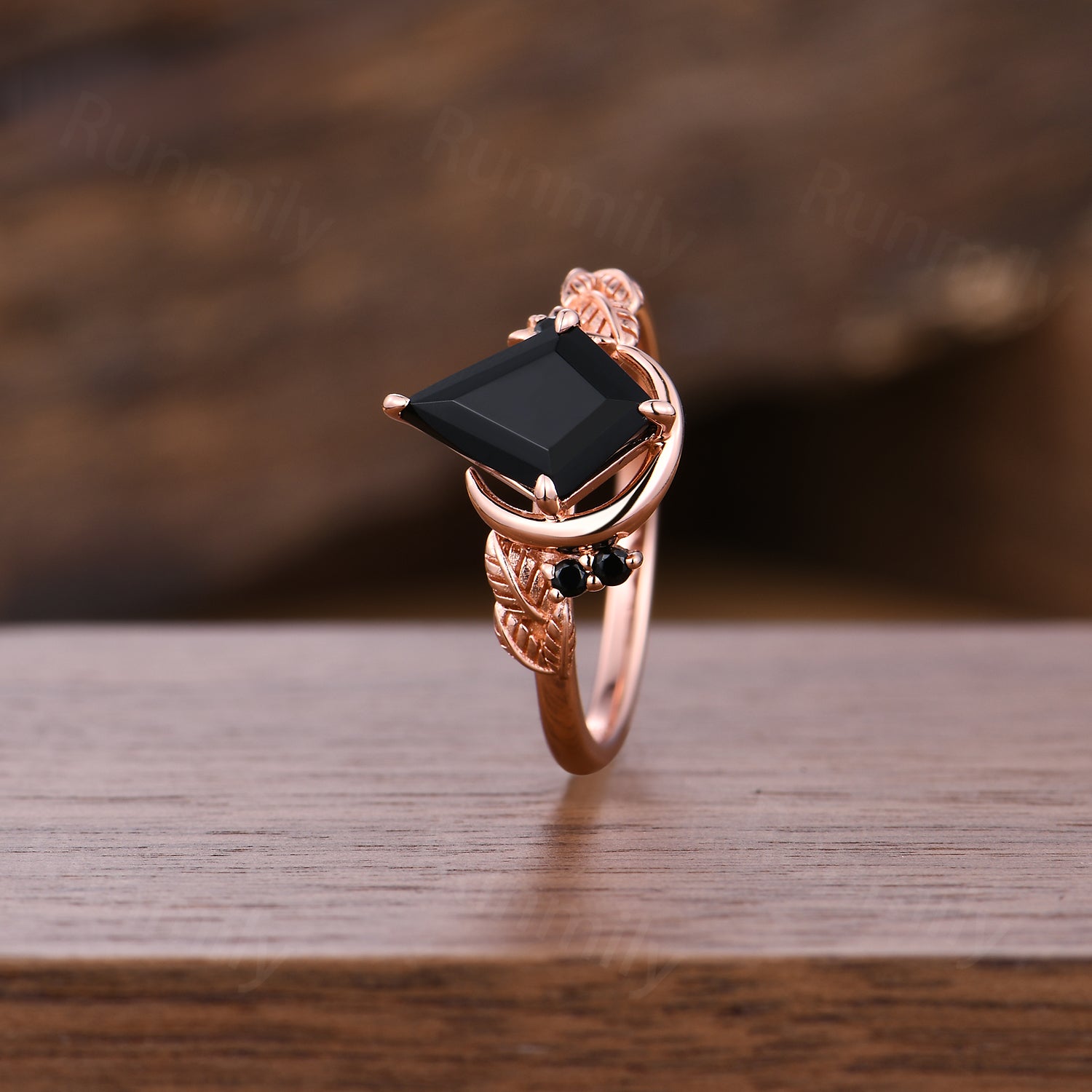 Vintage Kite Cut Black Onyx Engagement Ring Rose Gold Nature Inspired Ring Unique Moon Leaf Black Gem Wedding Ring Art Deco Promise Ring