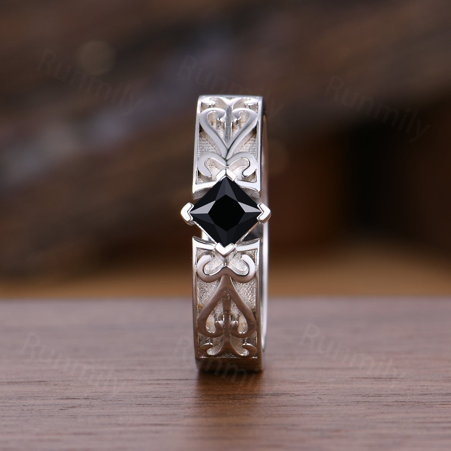 Princess Cut Black Onyx Mens Ring Celtic Love Knot Wedding Band 14k White Gold Mens Vintage Promise Ring