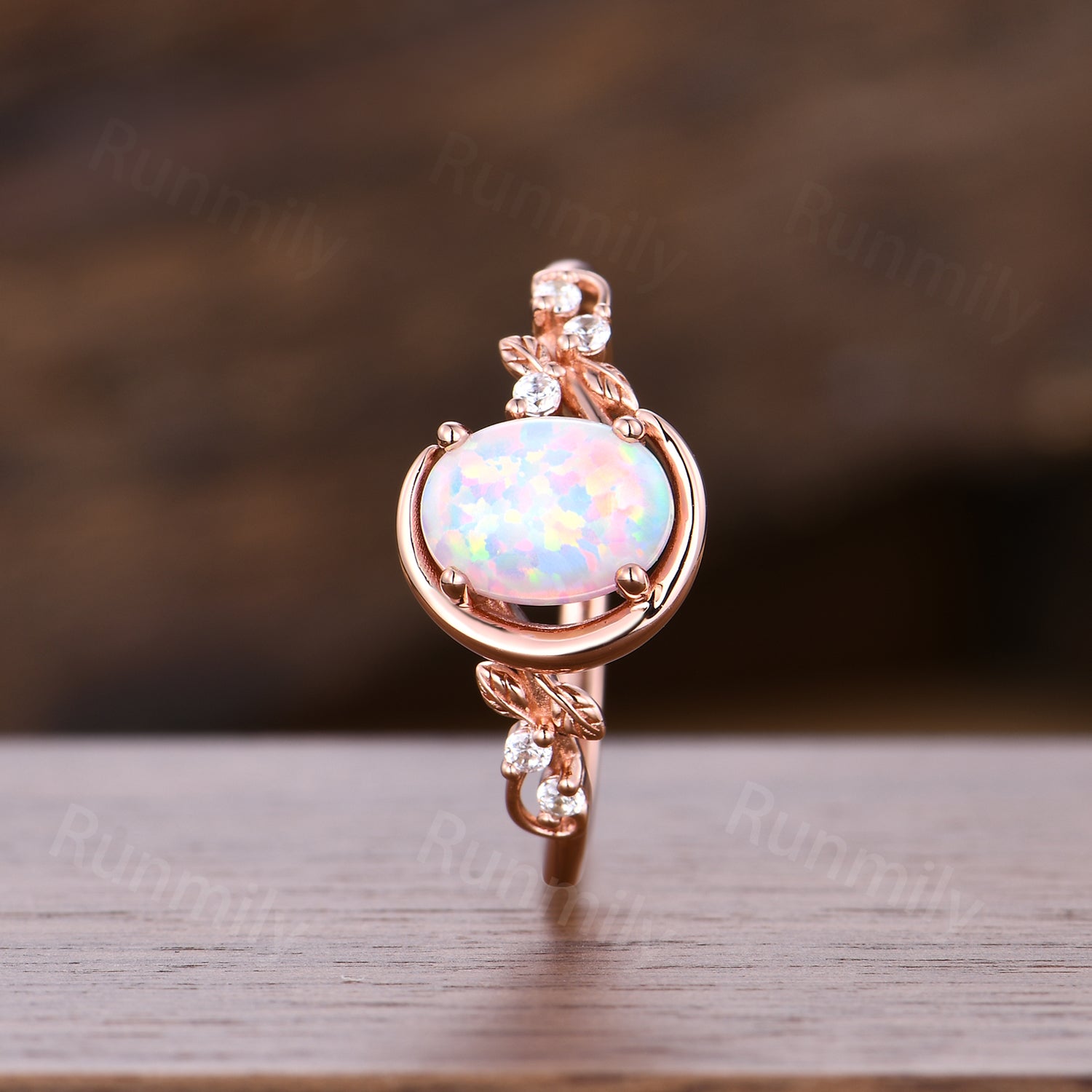 Crescent Opal Engagement Ring, Rose Gold Twig Leaf Moissanite Wedding Anniversary Ring