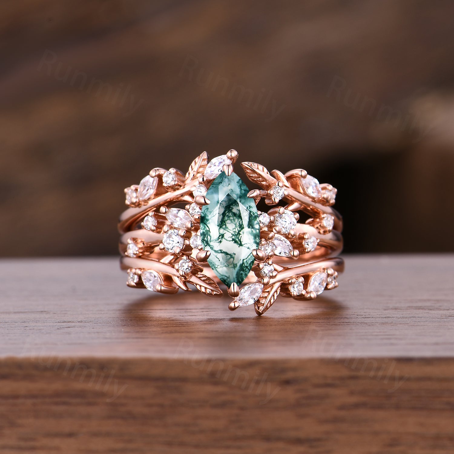 Moss Agate Marquise Bridal Ring Set: Vintage Rose Gold Moissanite Cluster