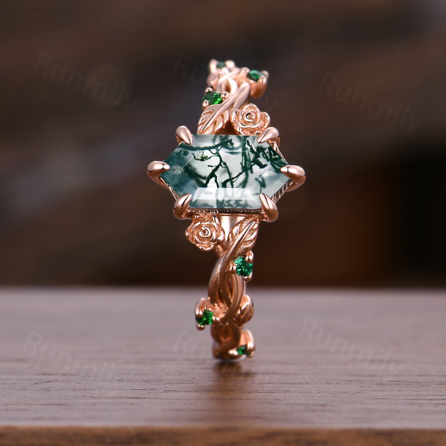 Unique Moss Agate Engagement Ring Infinity Leaf Emerald Ring Twisted Vine Wedding Ring For Women Nature Wedding Jewelry
