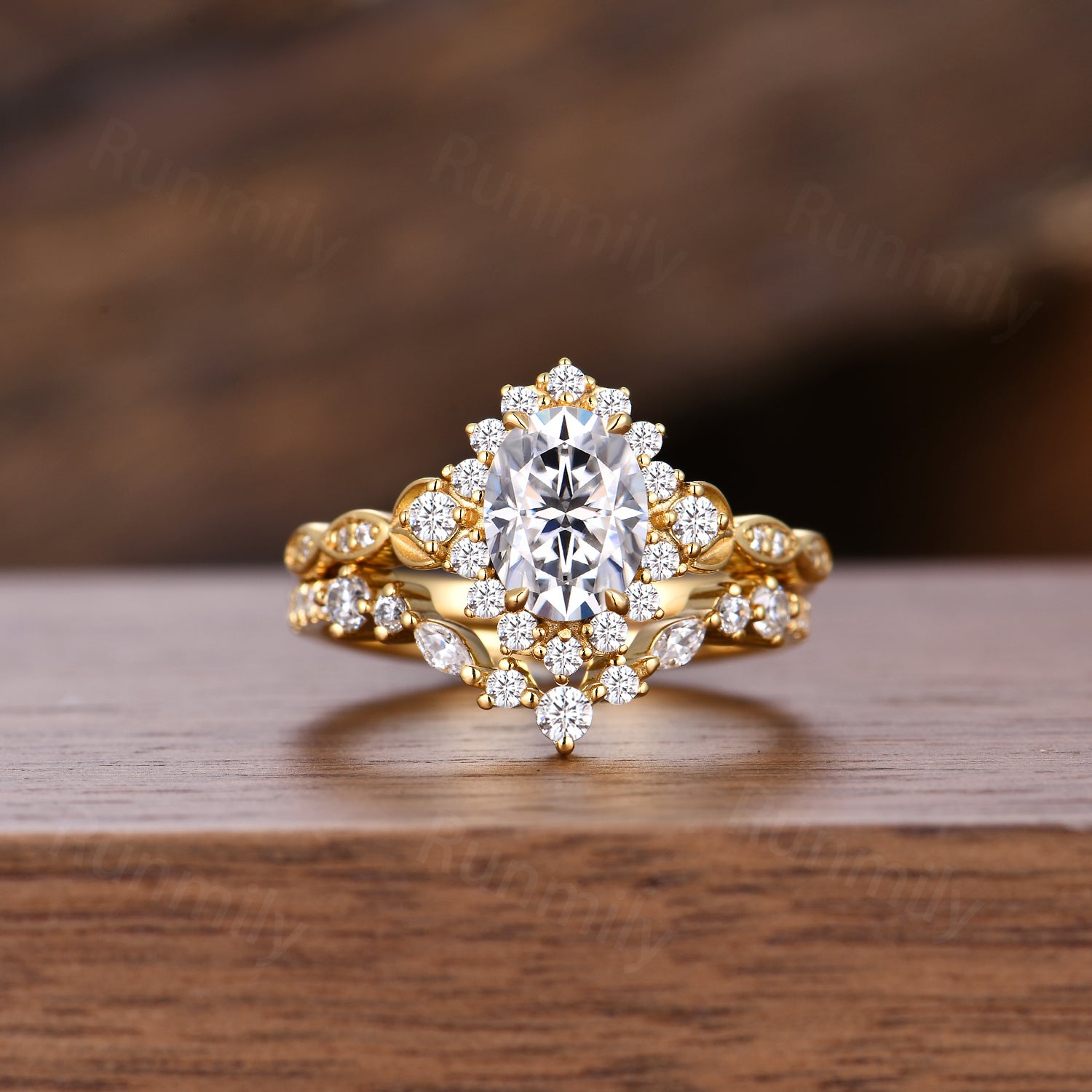 Art Deco Oval Moissanite Engagement Ring Yellow Gold Vintage Colorless Diamond For Women Antique Anniversary Ring Set