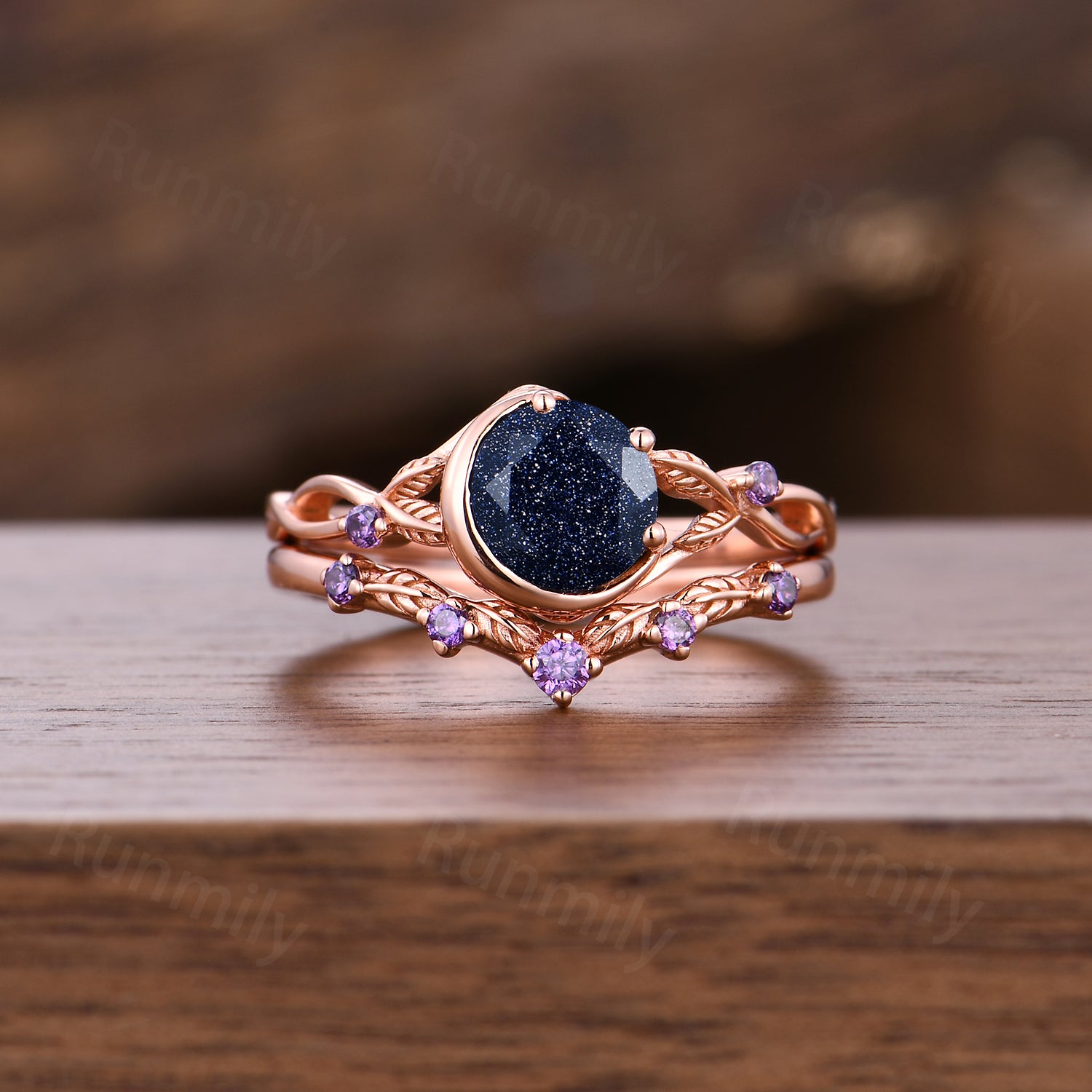 1CT Round Galaxy Blue Sandstone Amethyst Engagement Ring Set Moon Twig Leaf Bridal Wedding Ring Vintage Rose Gold Promise Rings