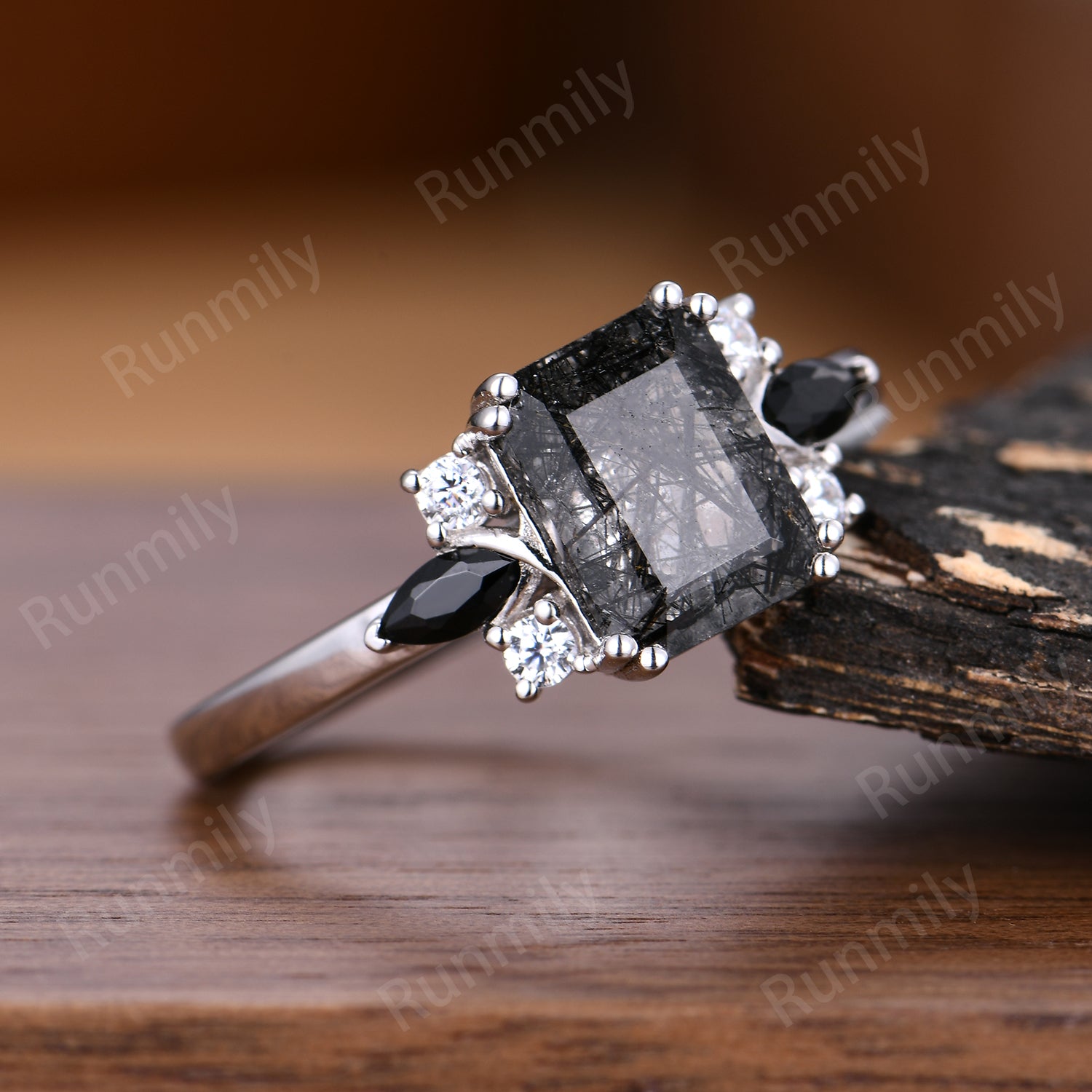 Unique Emerald Cut Natural Black Rutilated Quartz Engagement Ring Vintage Black Rutilated Quartz Set With Black Spinel And Moissanite Seven Stone Ring Silver Bride Ring